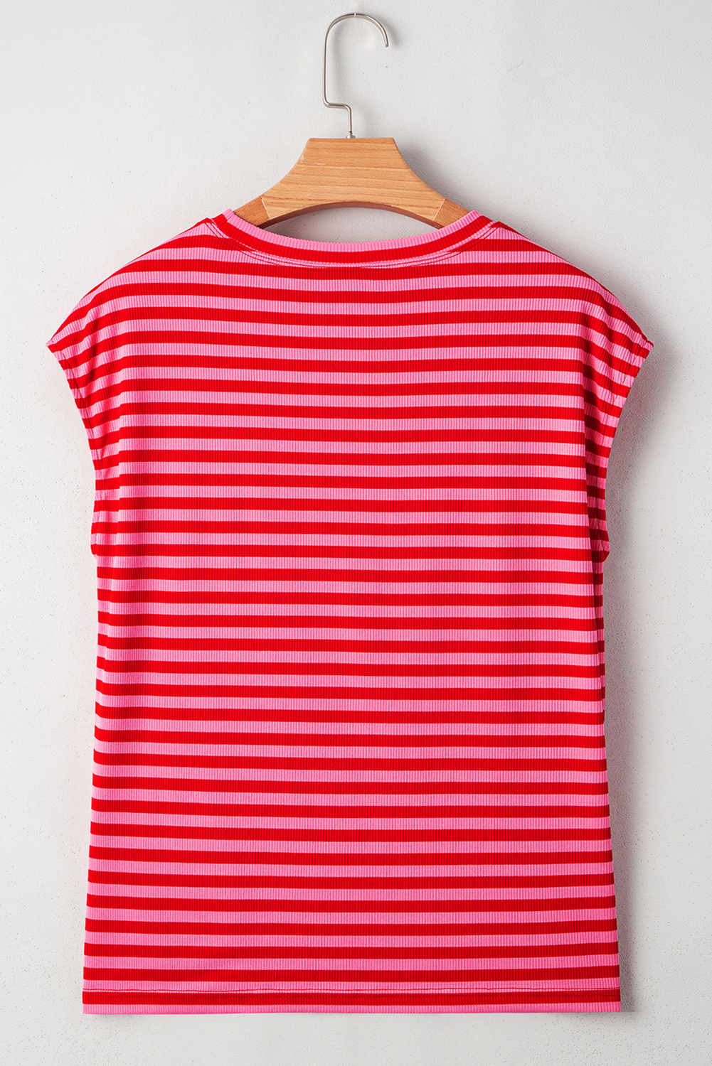 Sky Blue Stripe Ribbed Cap Sleeve Round Neck T Shirt