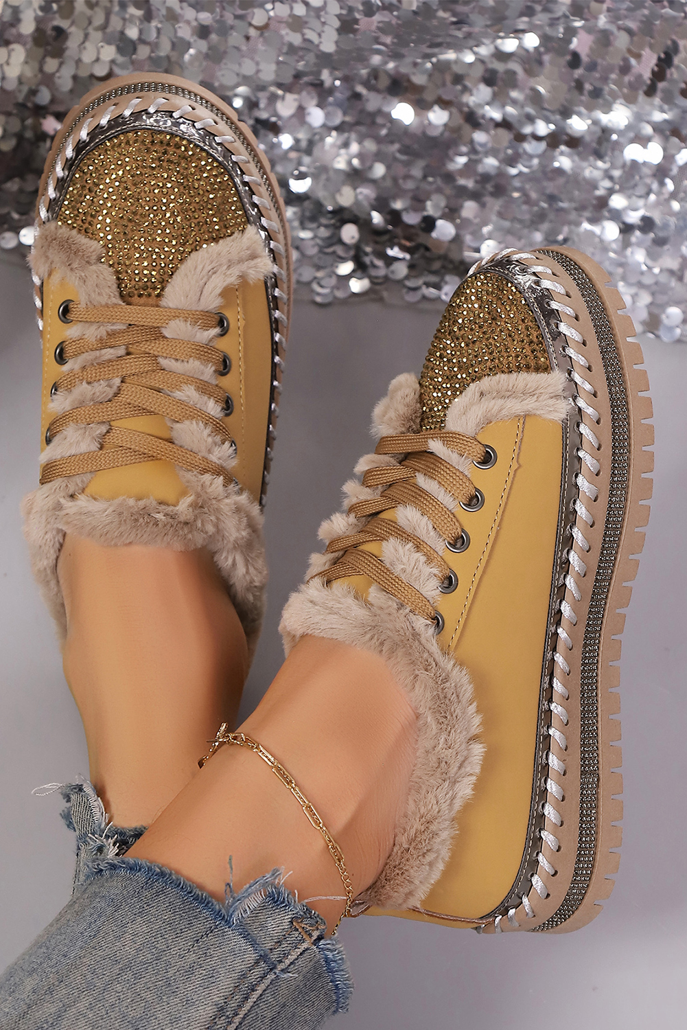 Thai Curry Rhinestone Embellished Faux Fur Lining Lace-Up Flat Shoes