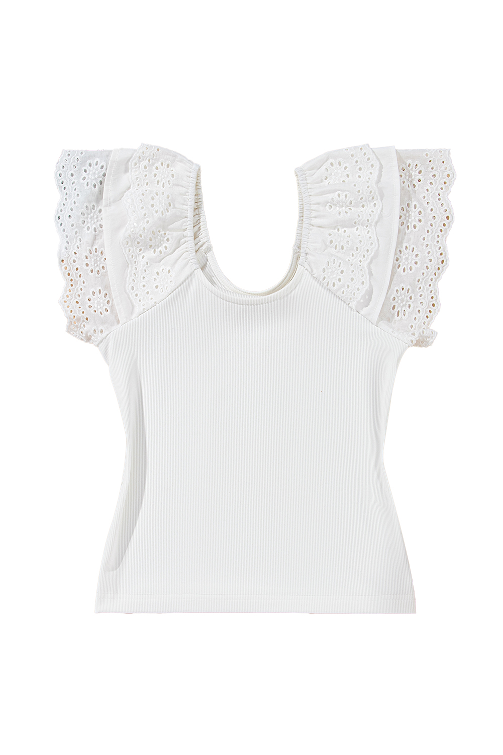 White Eyelet Ruffle Sleeve Slim Fitted Top