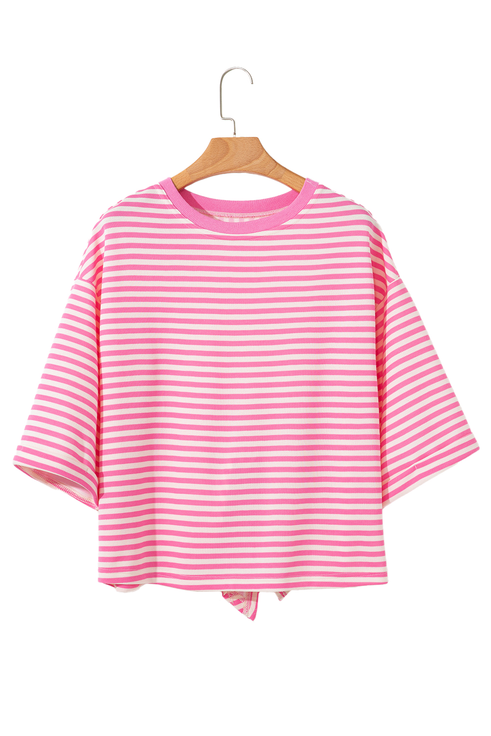 Red Stripe Bowknot Cutout Back Drop Shoulder Wide Bracelet Sleeve Loose Tee