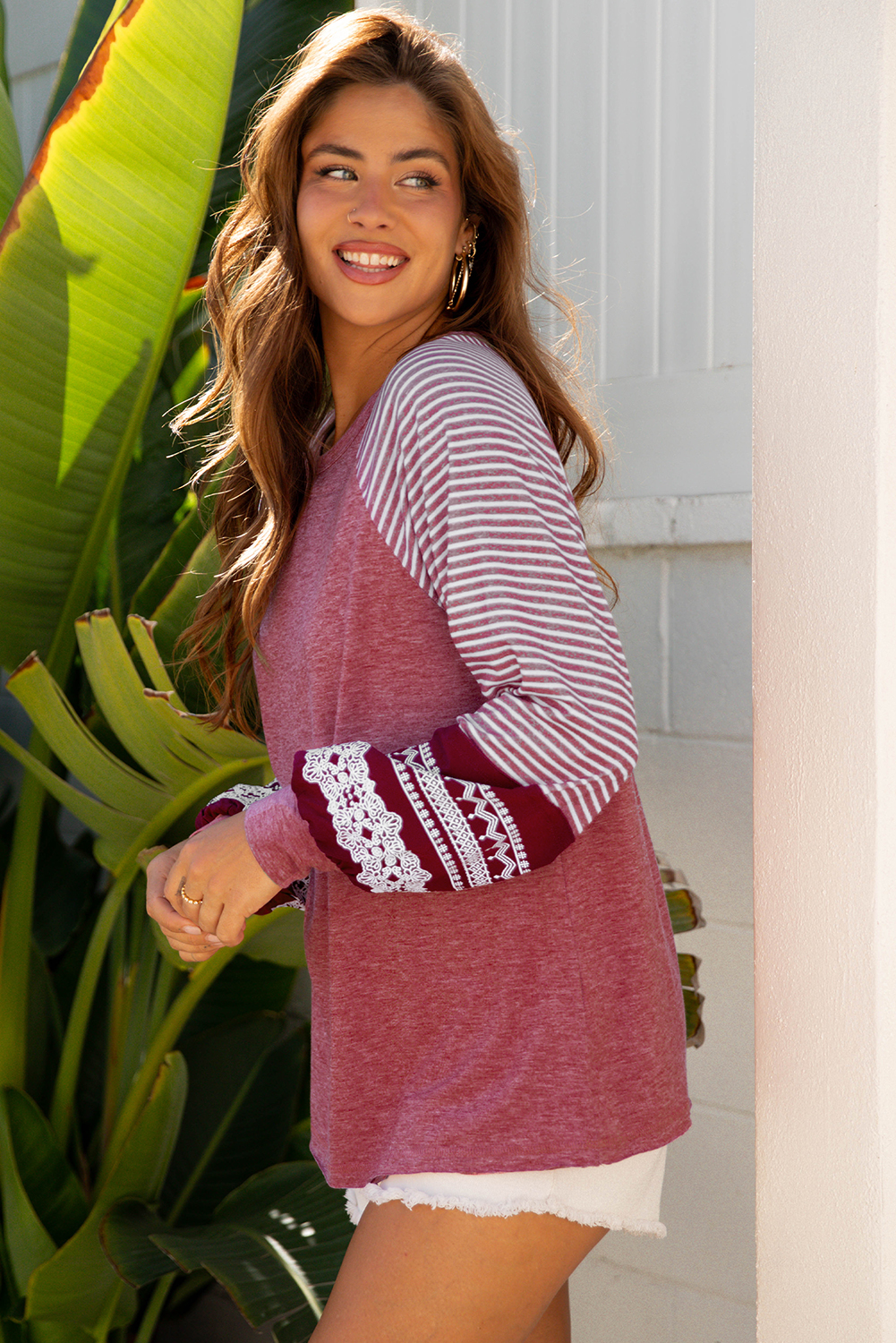 Tillandsia Purple Contrast Print Striped Raglan Long Sleeve Loose Top