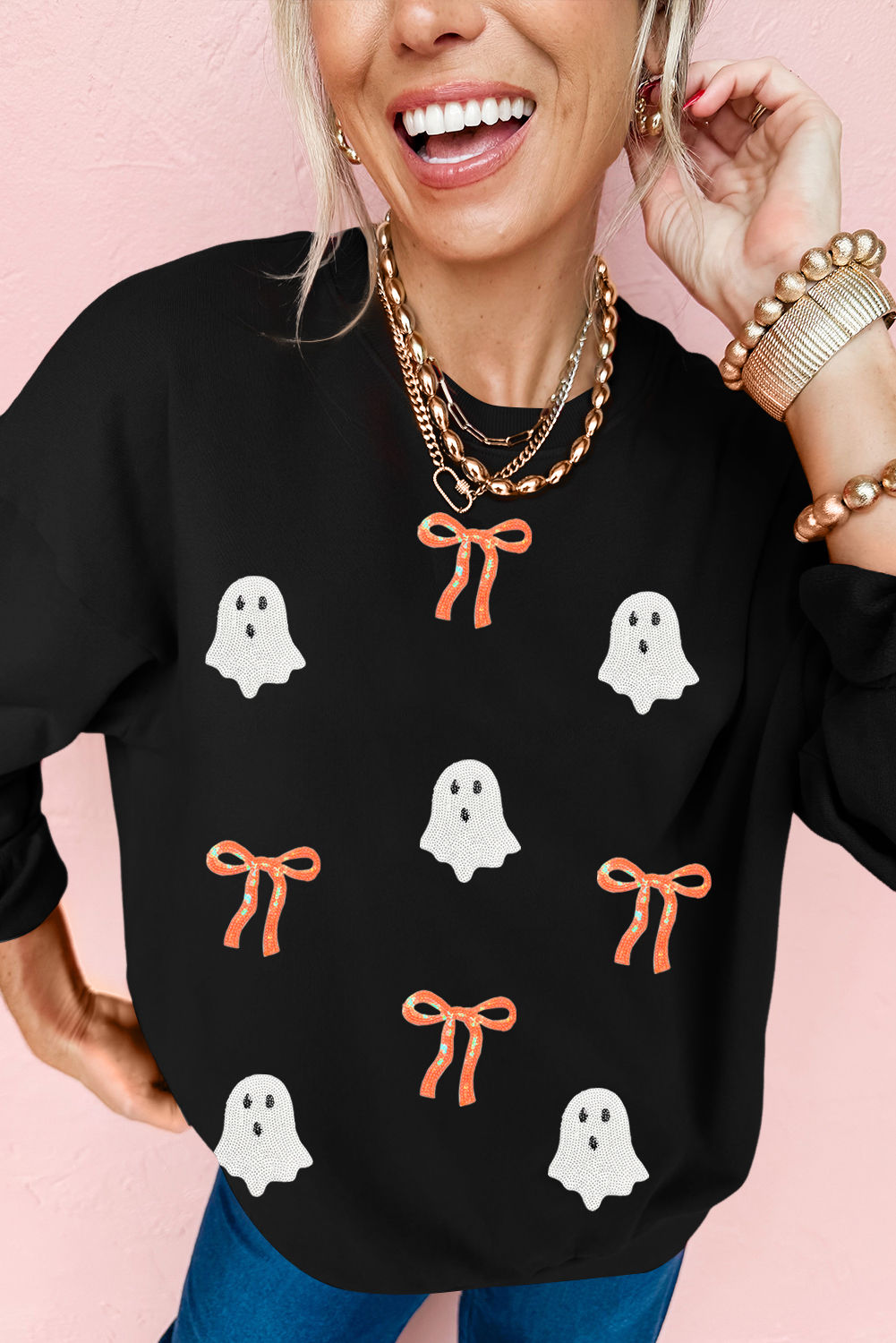 Black Sequin Bow Ghost Patched Halloween Graphic Tee