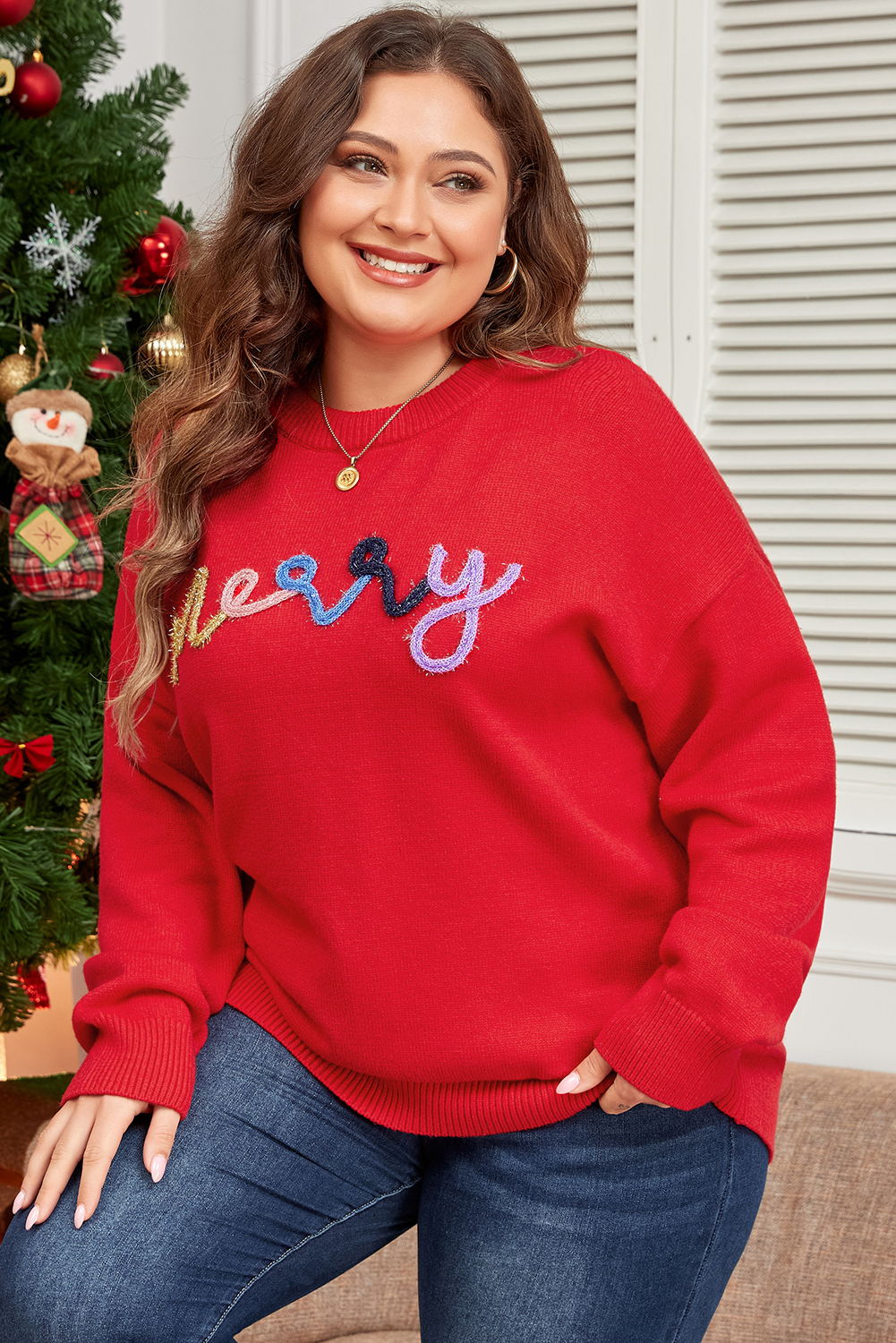Fiery Red Tinsel Merry Letter Drop Shoulder Baggy Sweater