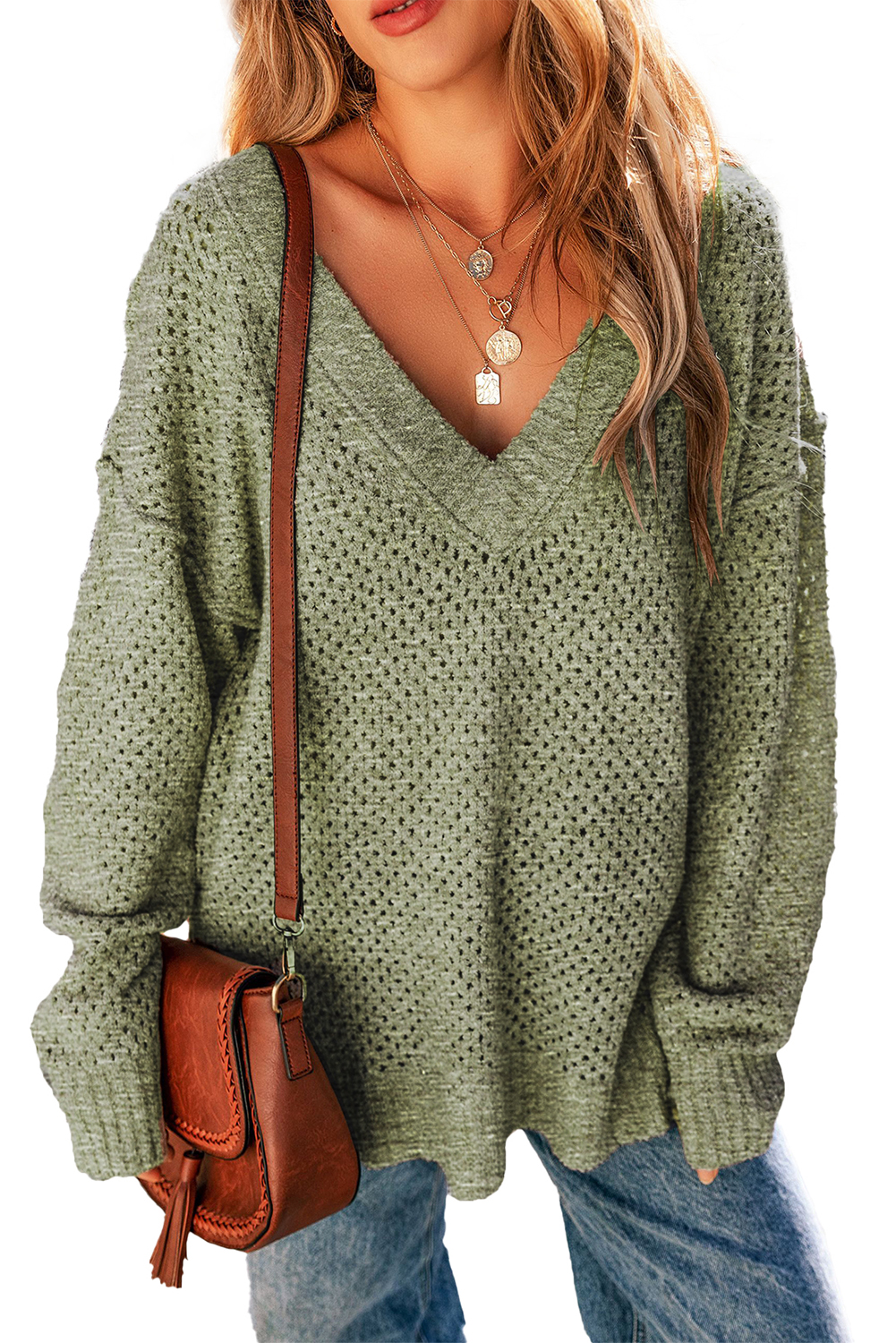 Parchment Loose Eyelet V Neck Drop Shoulder Sweater