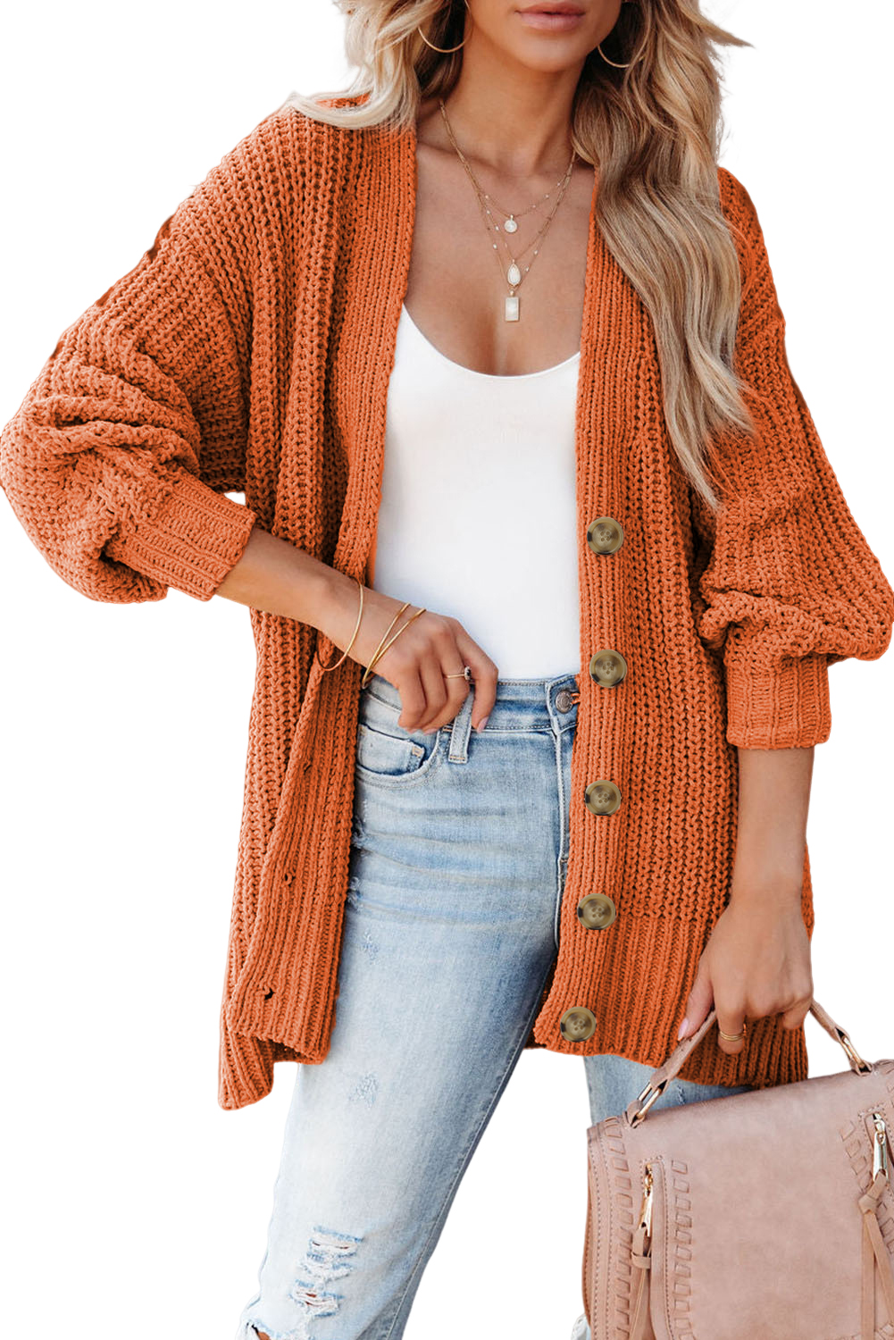 Gold Flame Button Front V Neck Chunky Cardigan Sweater