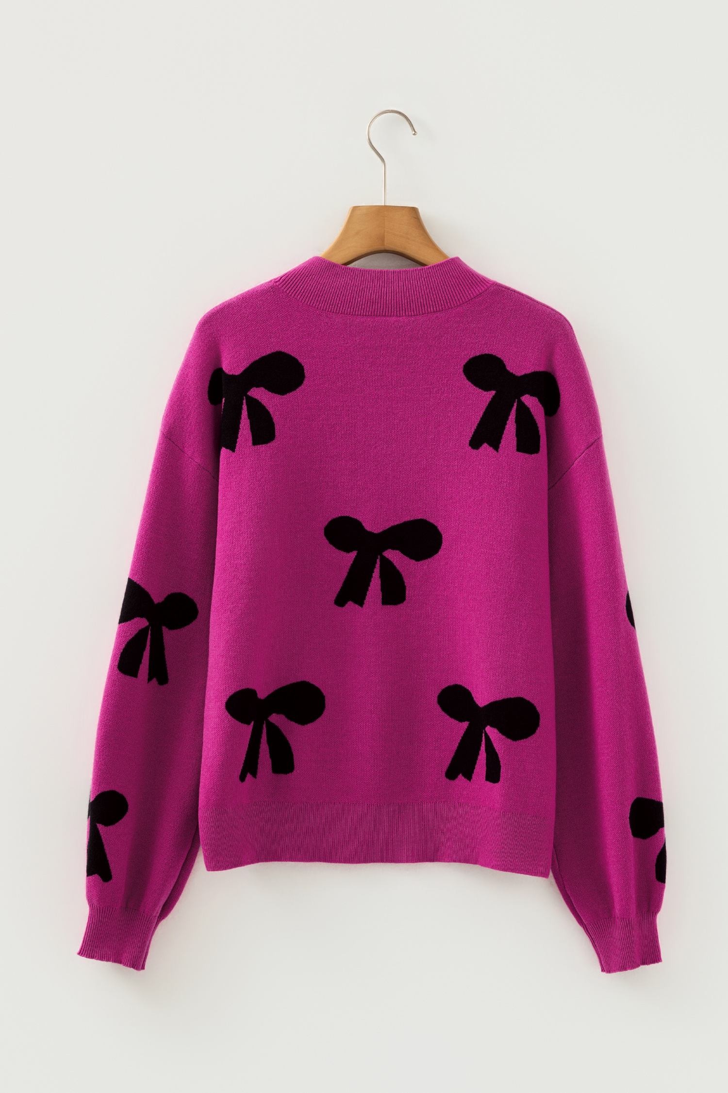 Bright Pink Pearl Embellished Bow Pattern Loose Sweater