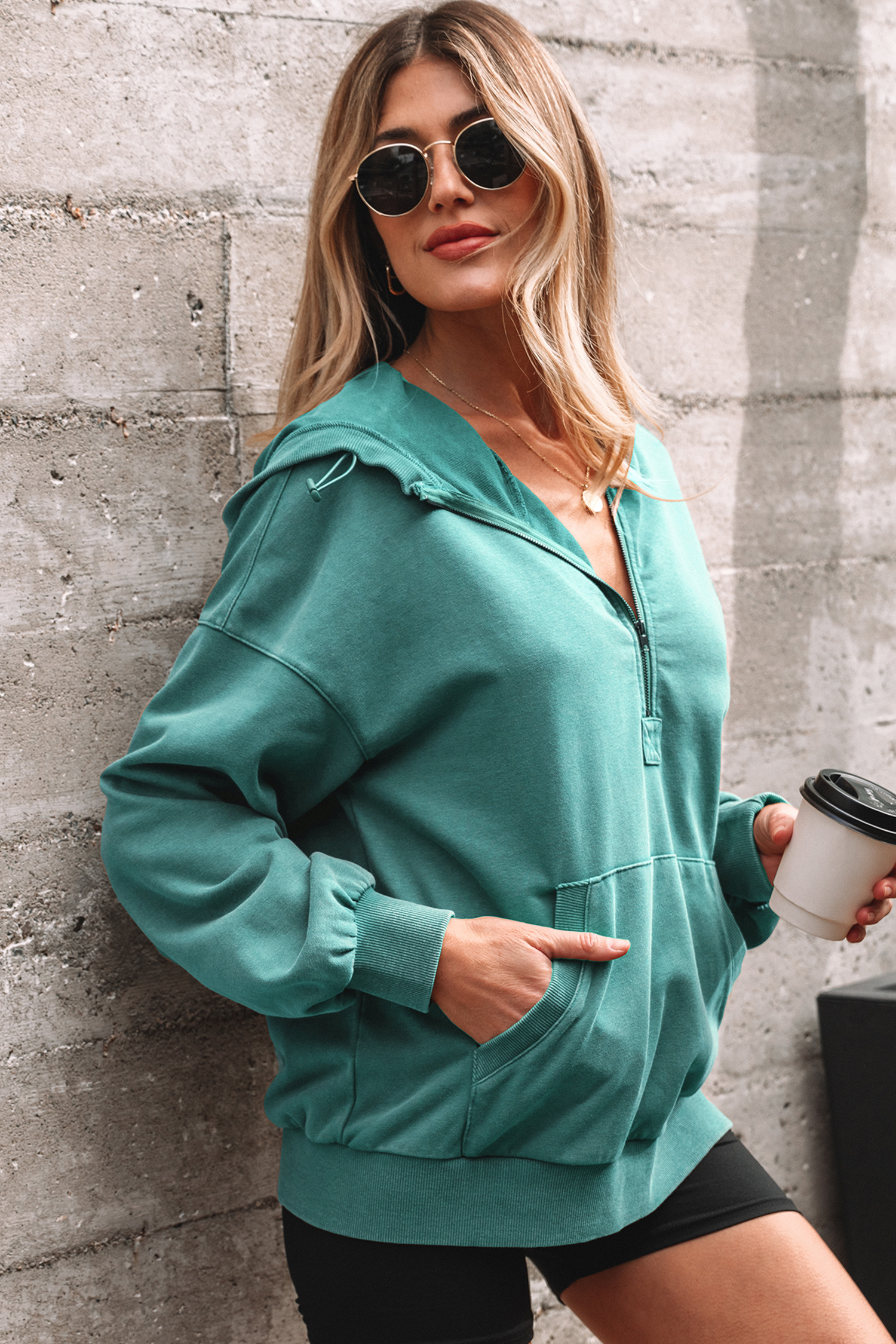 Canton Half Zip Kangaroo Pocket Mineral Wash Baggy Hoodie