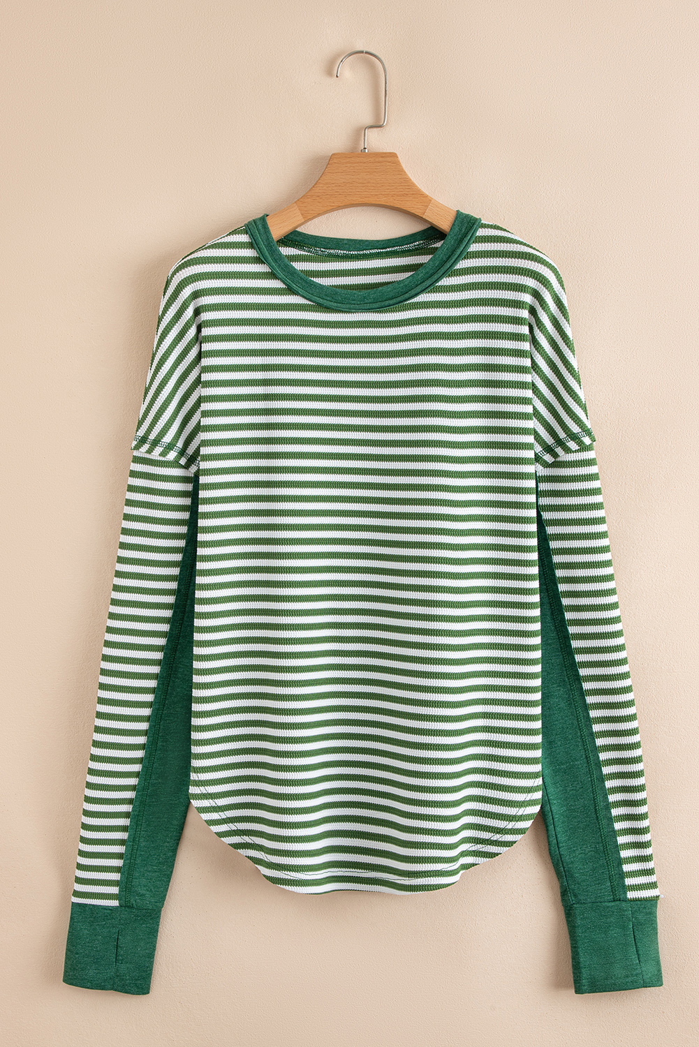 Dearlovers Green Stripe Thermal Knit Drop Shoulder Casual Top