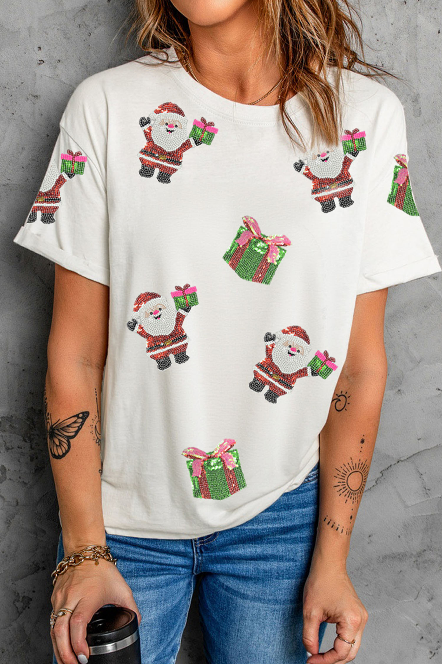 White Santa Deliver Gift Sequin Patched Christmas T Shirt