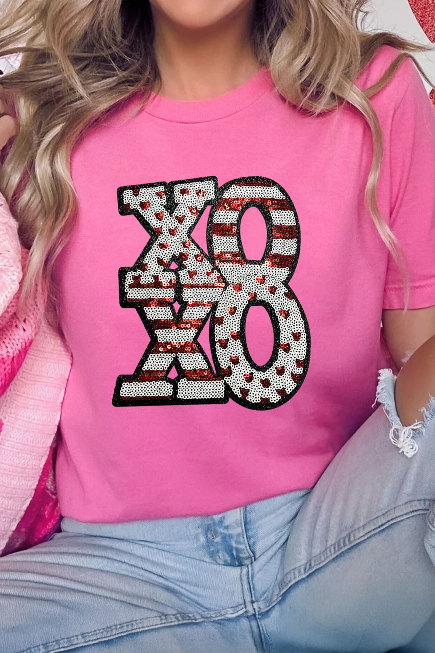 Sachet Pink Sequined XOXO Graphic Valentine T Shirt