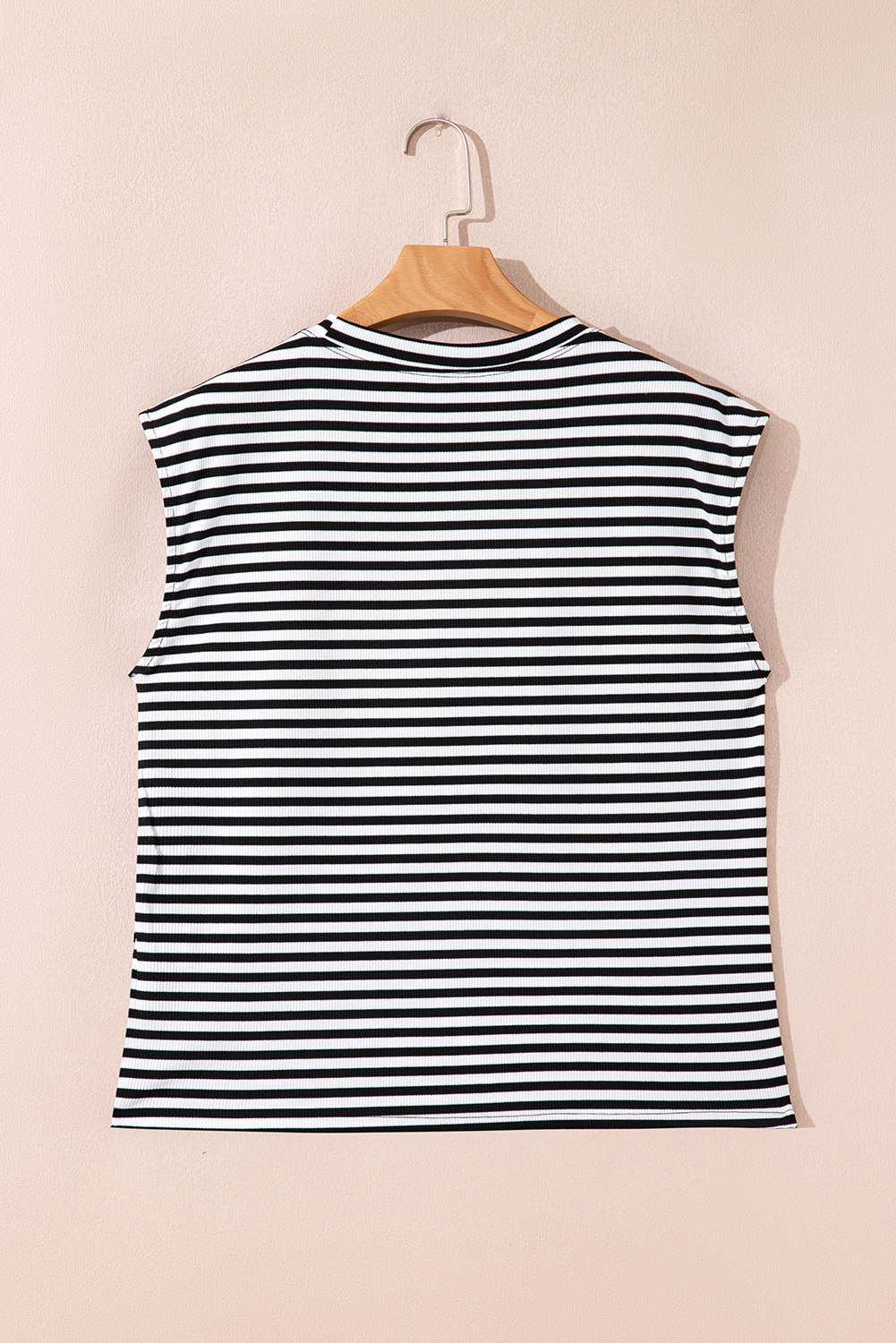 Sky Blue Stripe Ribbed Cap Sleeve Round Neck T Shirt