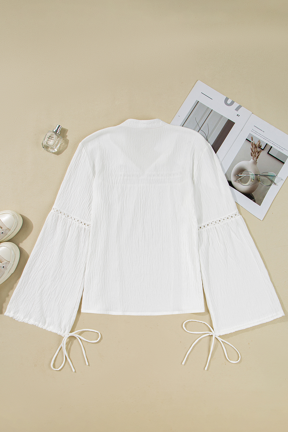 White Drawstring Lace Detail Puff Sleeve Split Neck Spring Fall Blouse