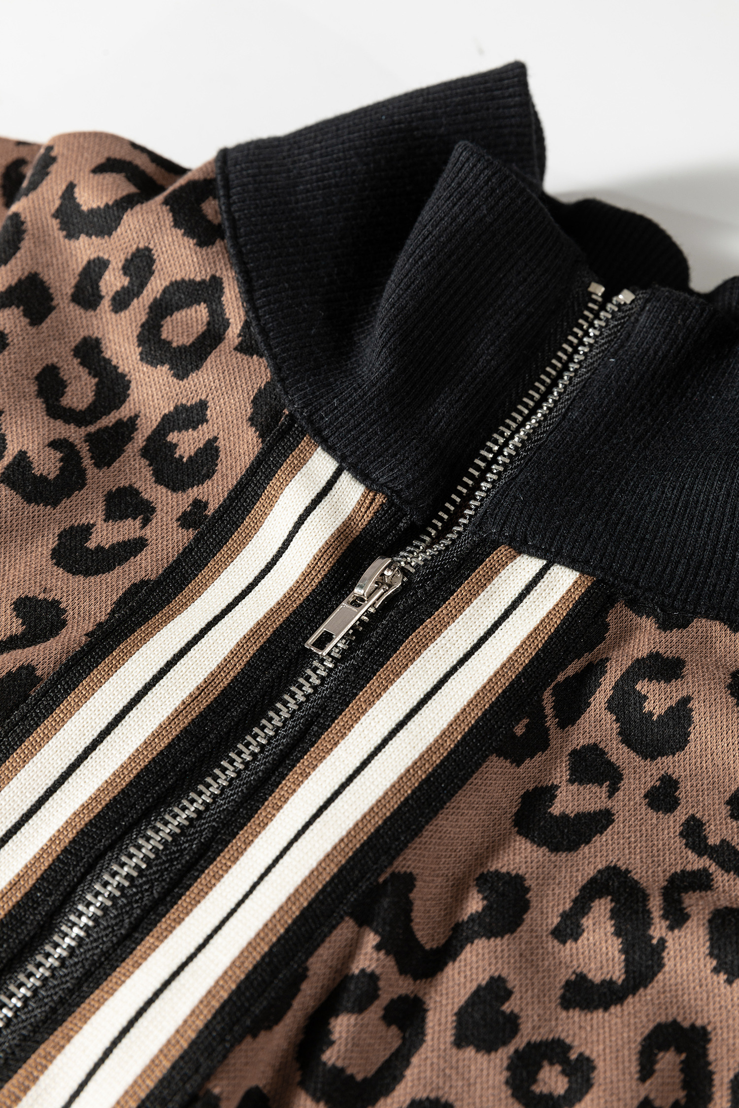 Khaki Leopard Print Quarter Zip Long Sleeve Top Mini Skirt Set