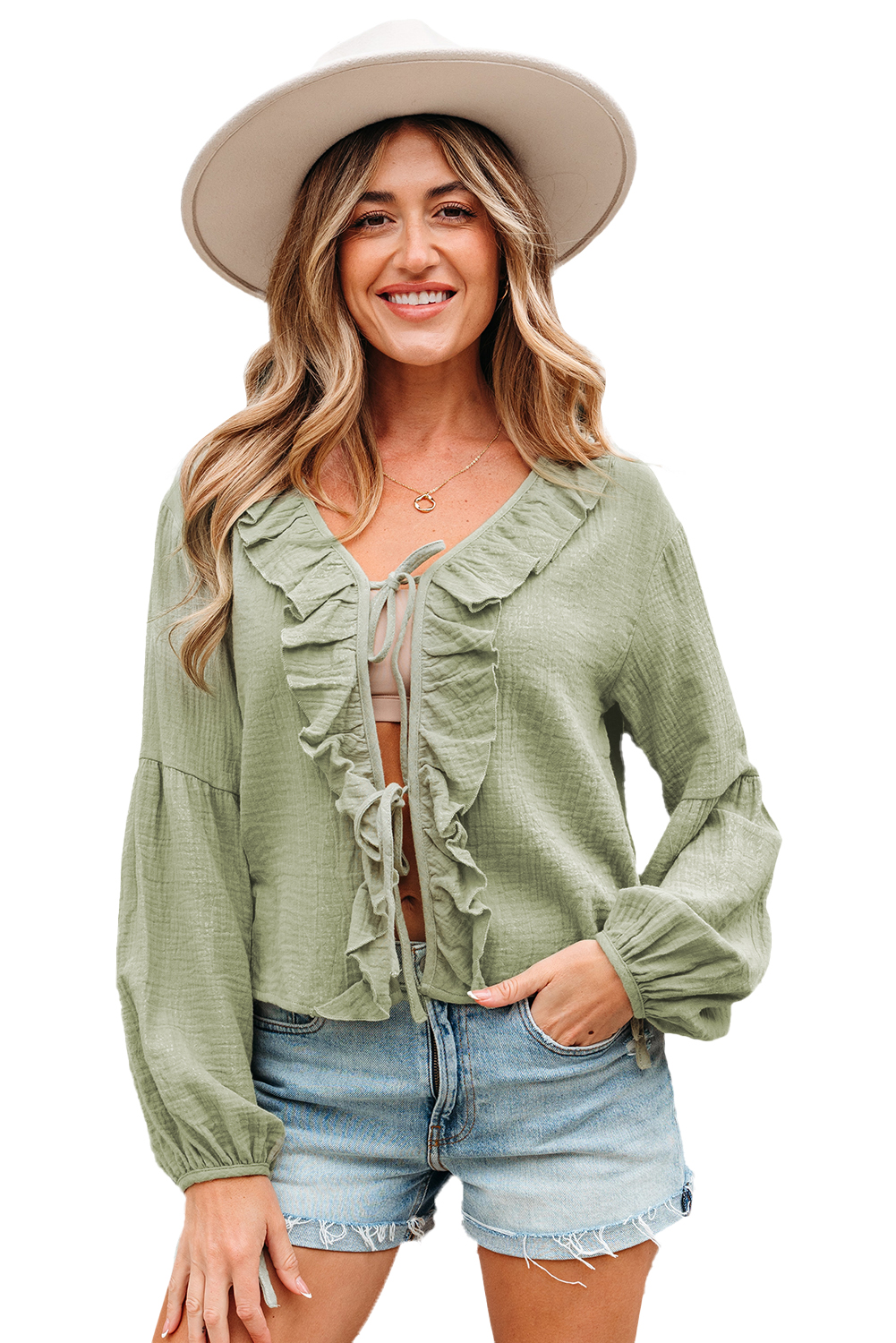 Meadow Mist Green Bow Tie Front Ruffle Trim V Neck Long Sleeve Gauze Blouse