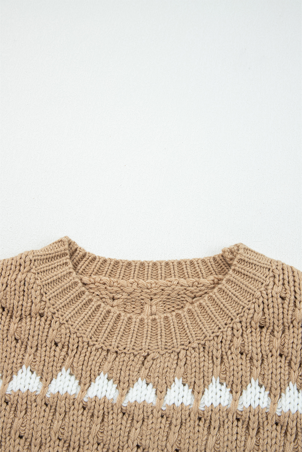 Pale Khaki Contrast Detail Textured Knit Puff Sleeve Baggy Sweater