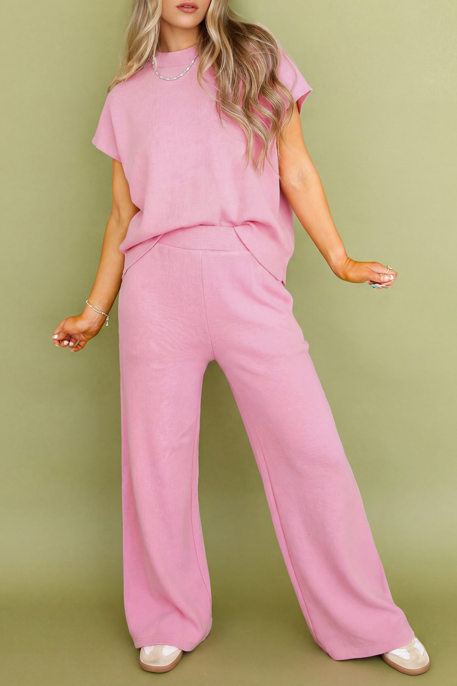 Pink Textured Knit High Neck Loose Tee Elastic Waist Loose Pant Set