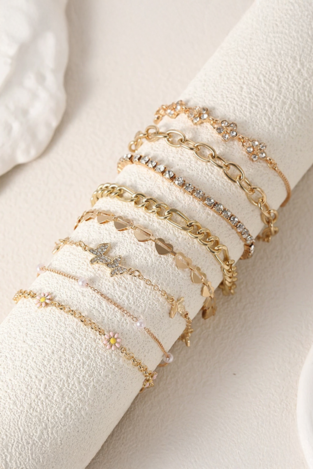 Gold Rhinestone Decor Butterfly Flower Multi Layer Bracelet Set