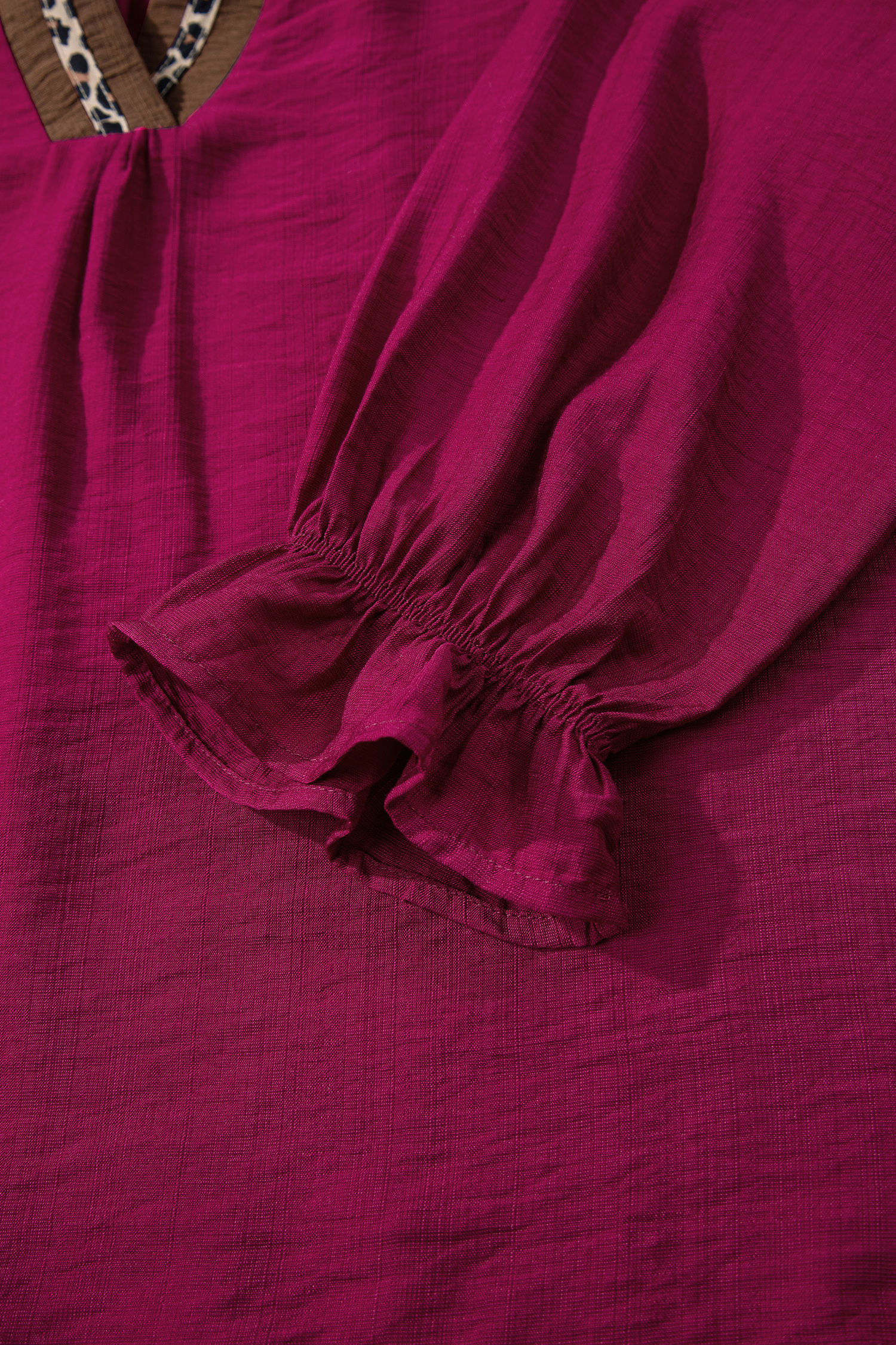 Dirty blue Leopard Trim V Neck Flounced Bracelet Sleeve Blouse