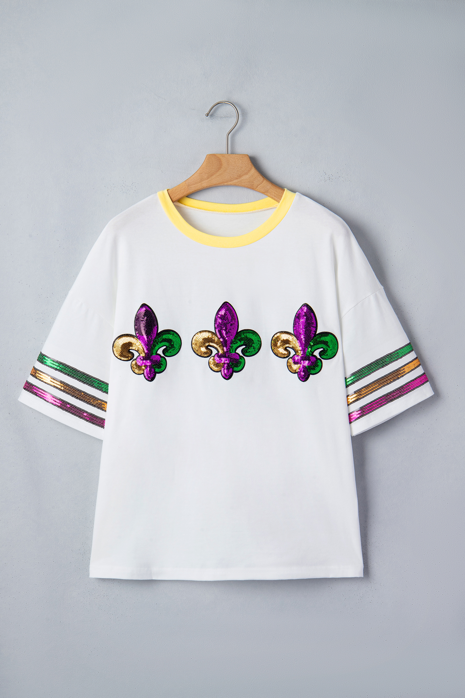 White Sequin Fleur de Lis Mardi Gras Varsity T Shirt