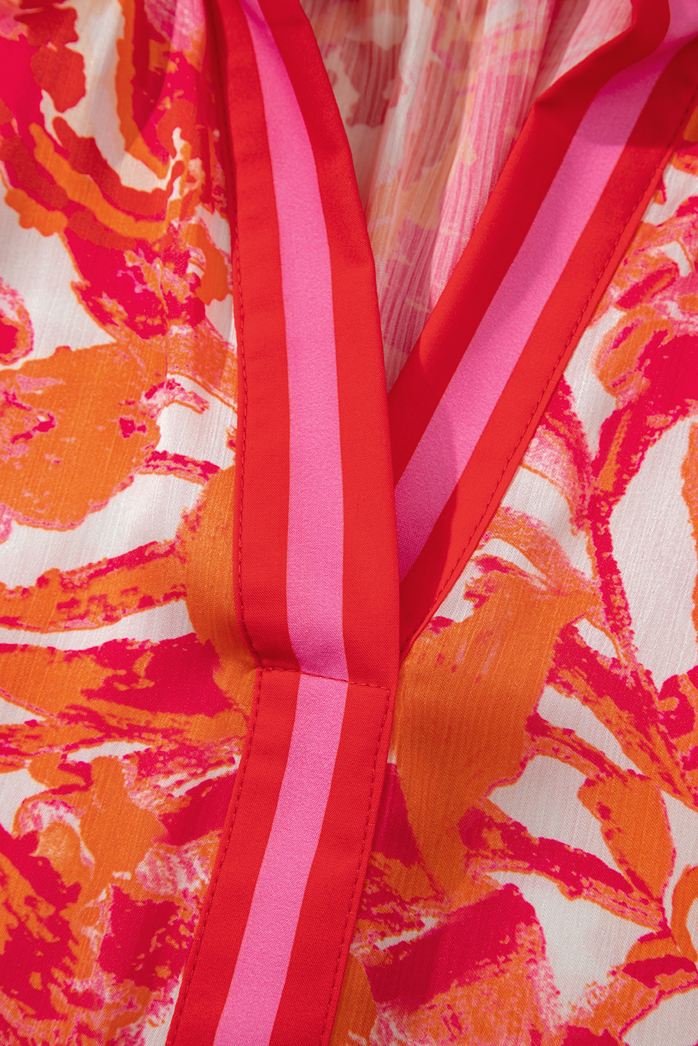 Rose Abstract Print Striped Trim Split Neck Blouse