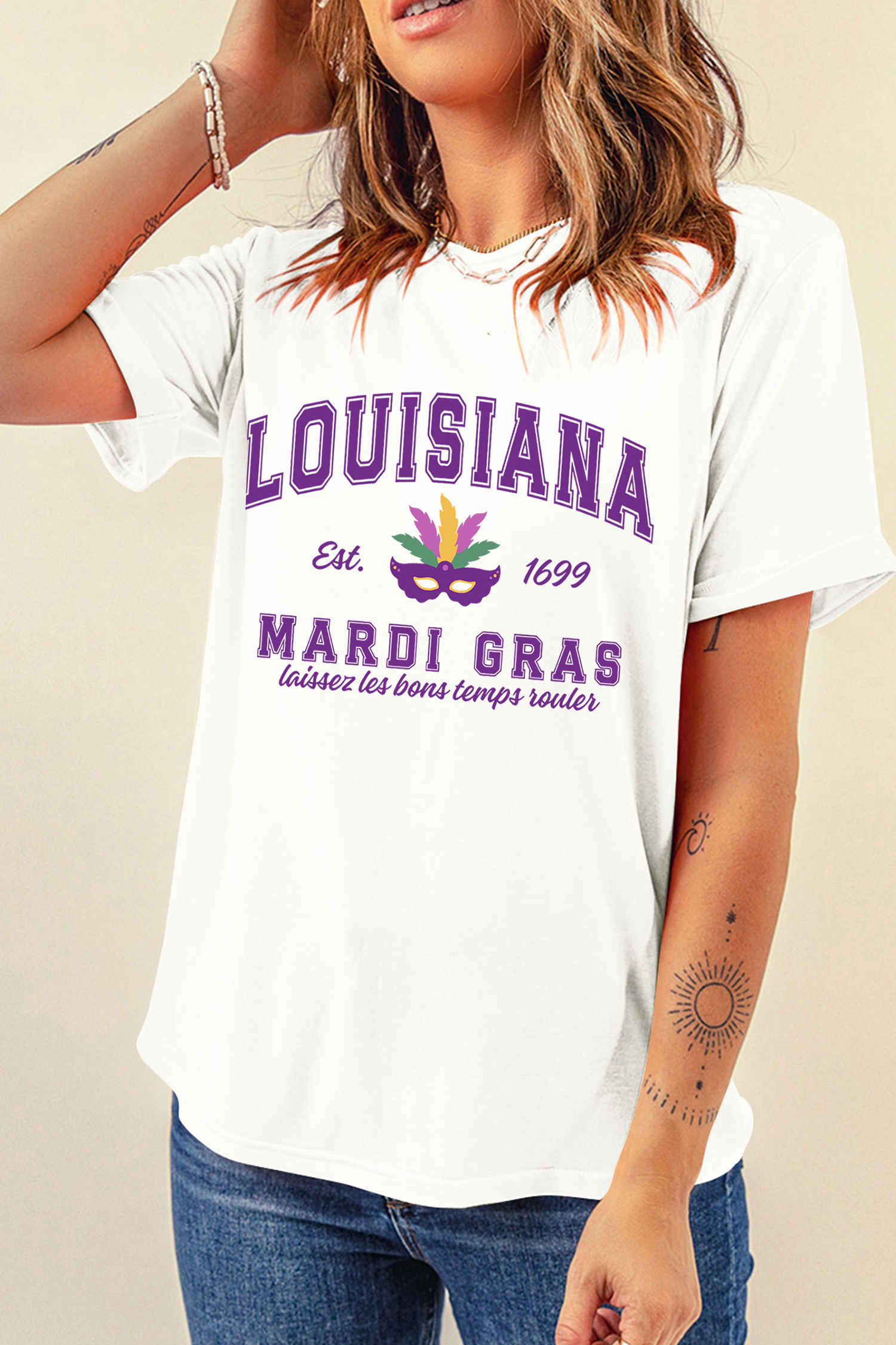 White LOUISIANA MARDI GRAS Retro Print T Shirt