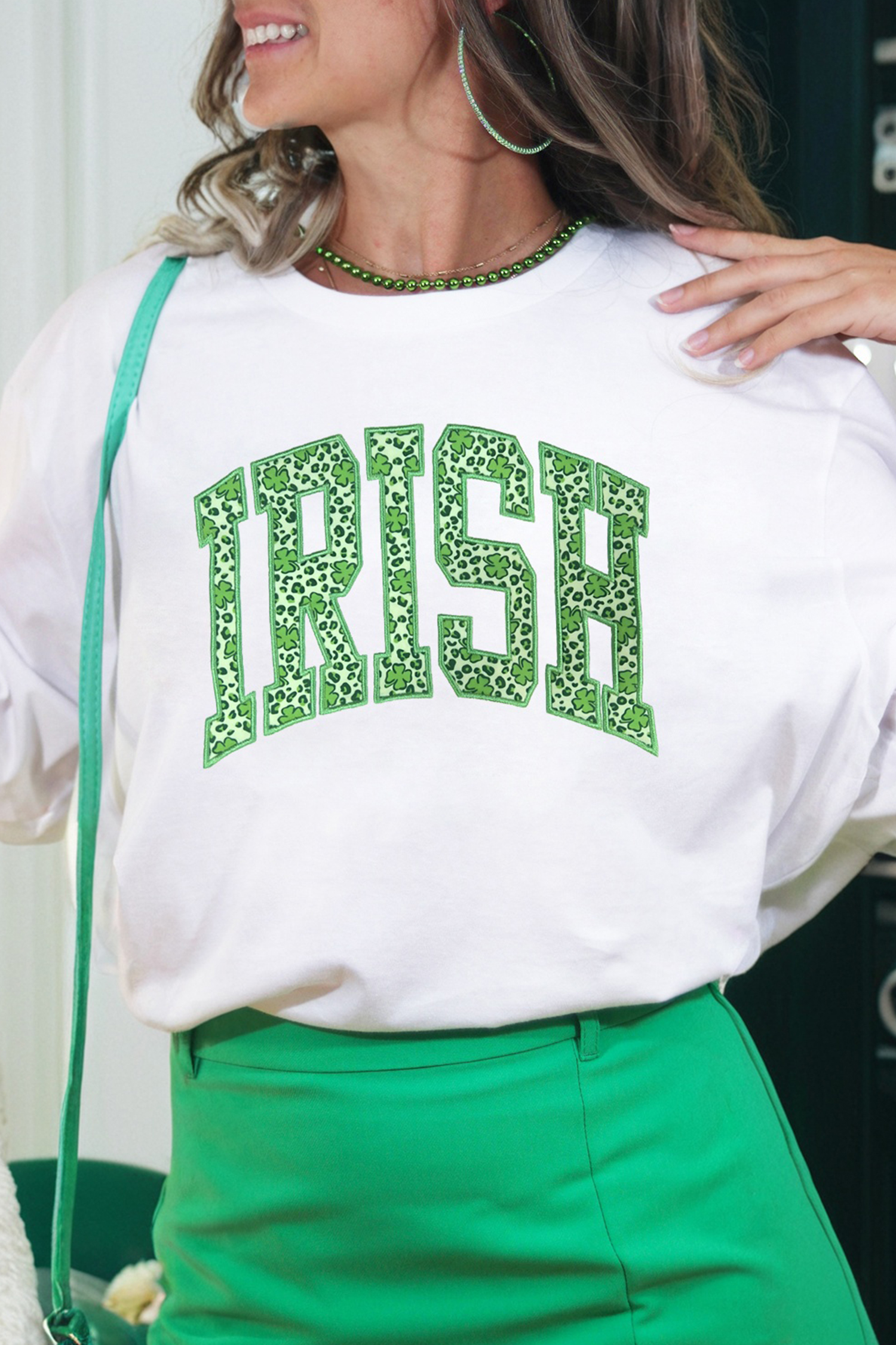 White IRISH Leopard Clover Embroidered Patch Graphic Tee