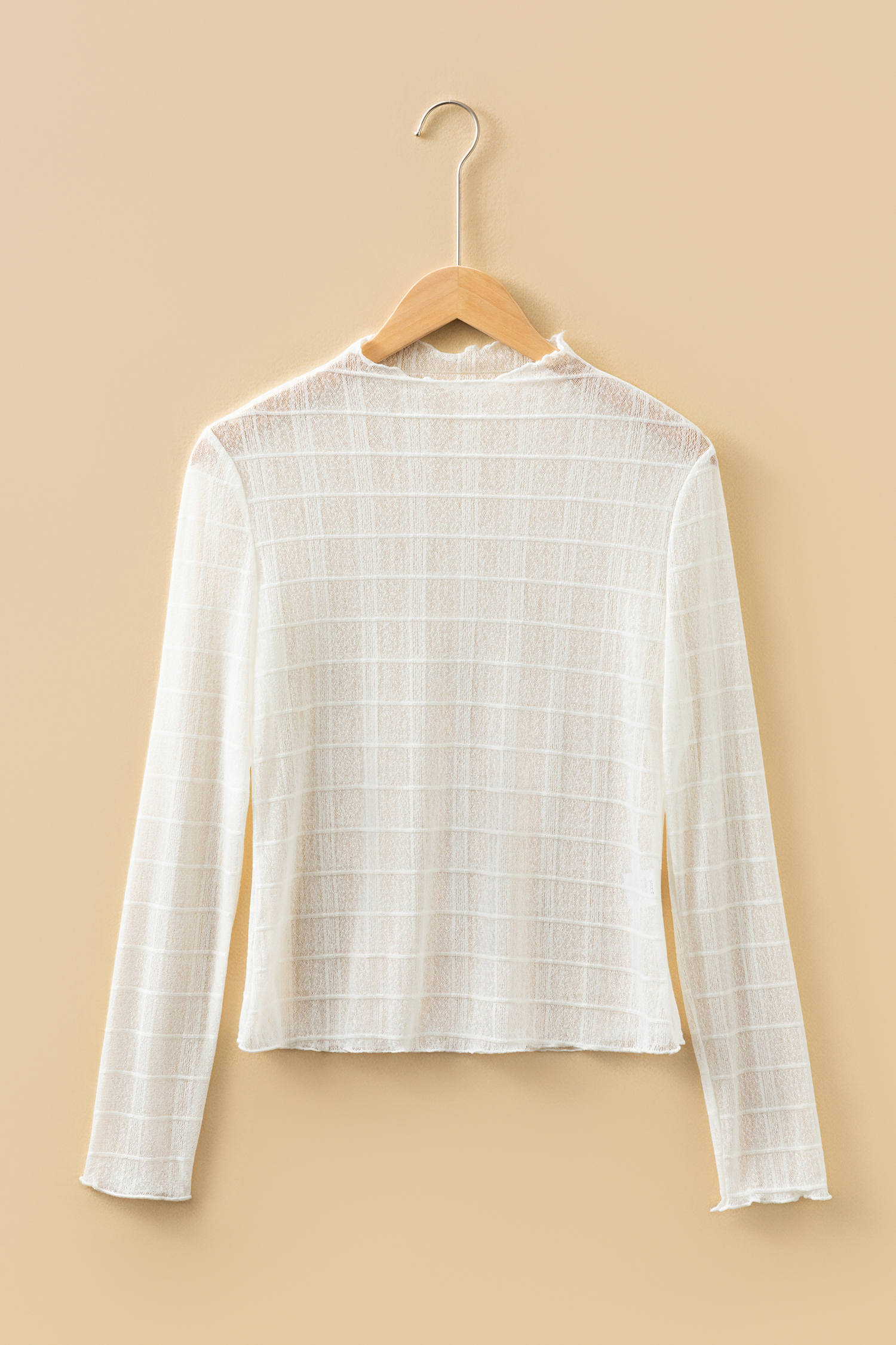 White Sheer Plaid Mesh Lettuce Trim Slim Fit Long Sleeve Top