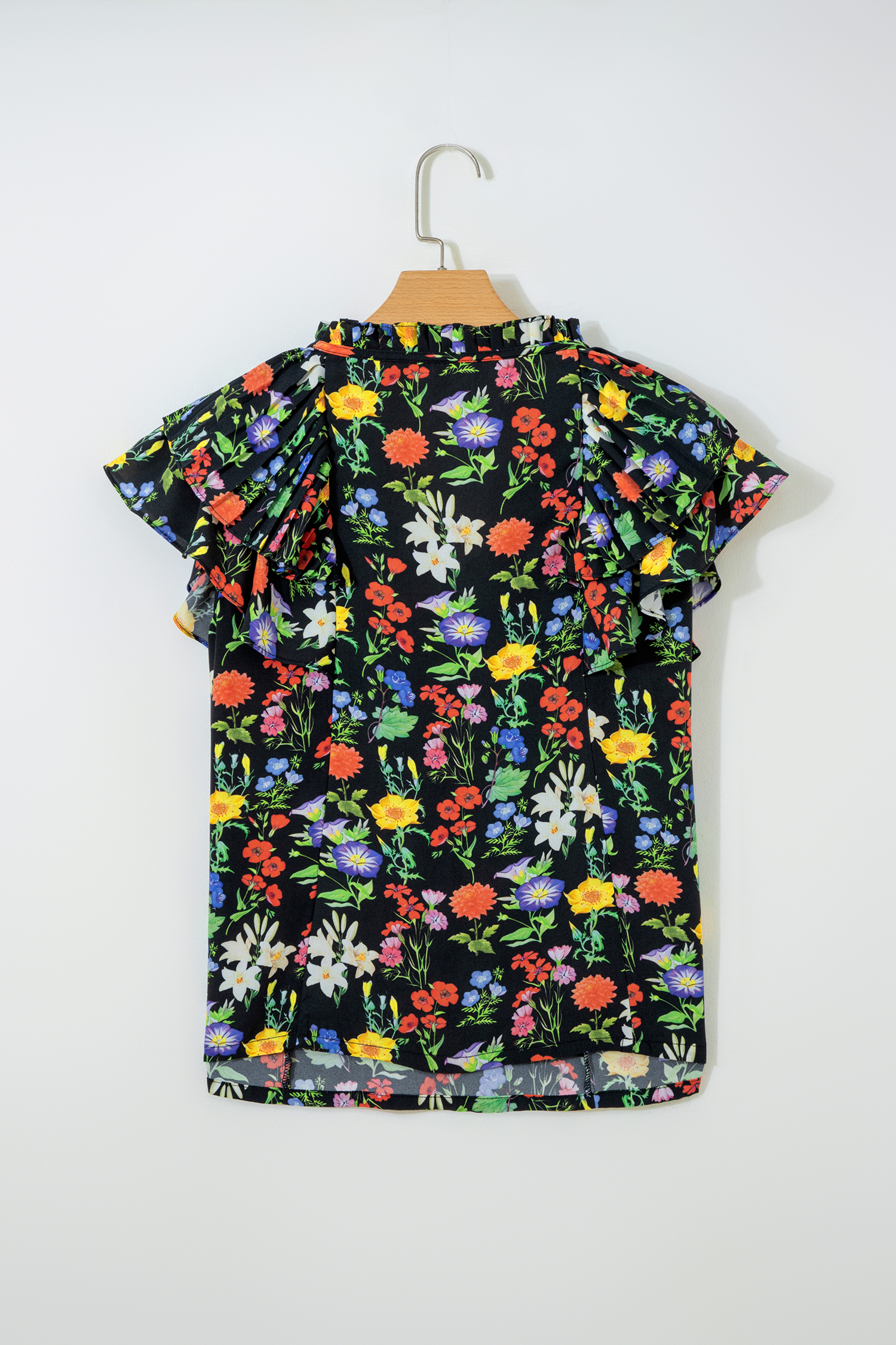 Black Tiered Flutter Sleeve V Neck Flower Blouse