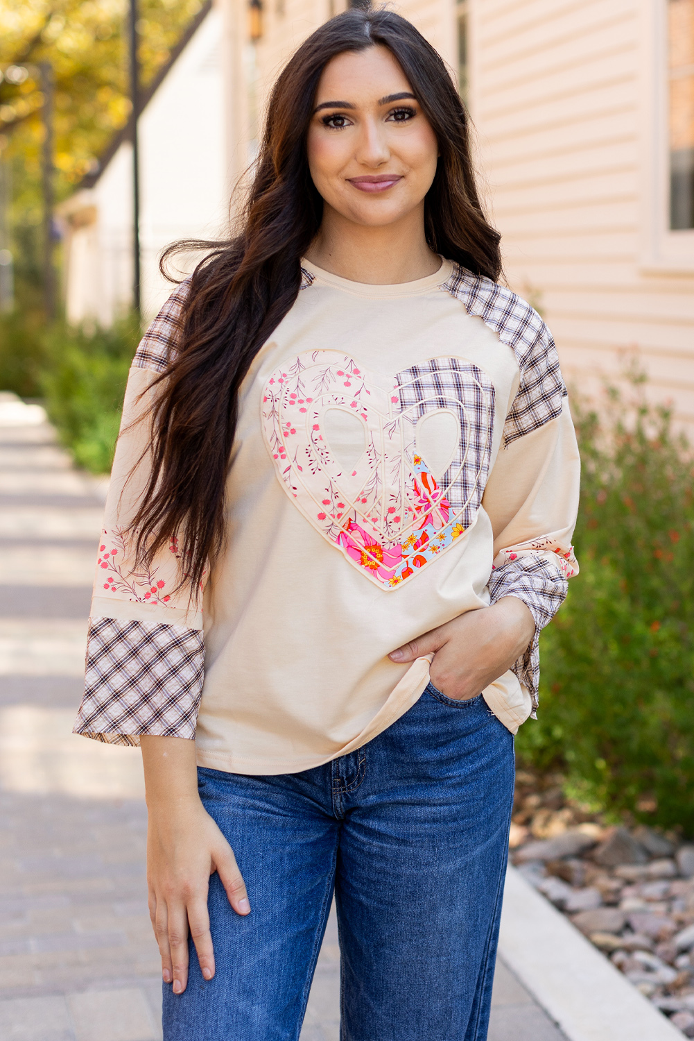 Beige Flower Patch Graphic Exposed Seam Wide Sleeve Top
