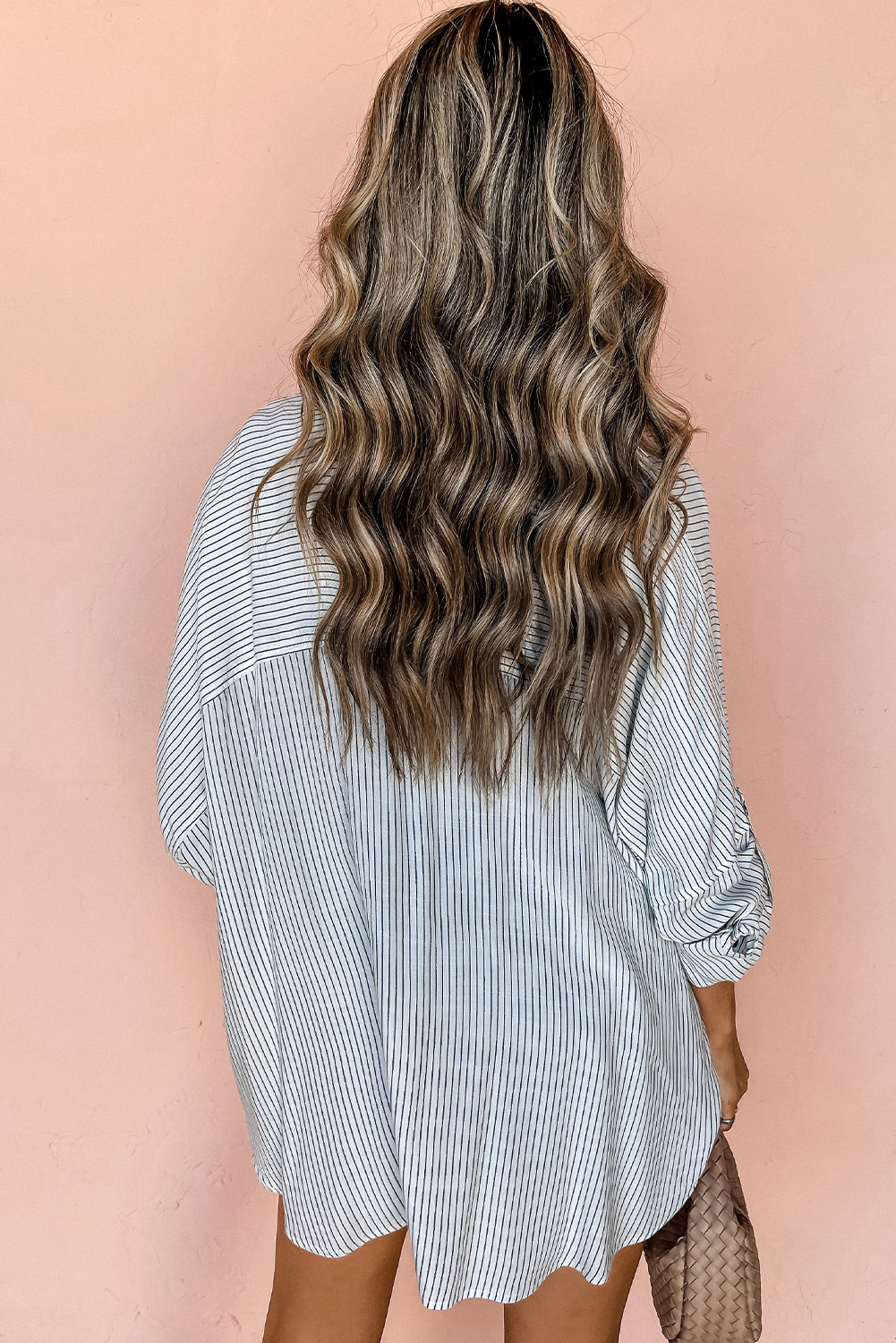 DEAR-LOVER Stripe Roll-tab Sleeve Pocketed Long Shirt