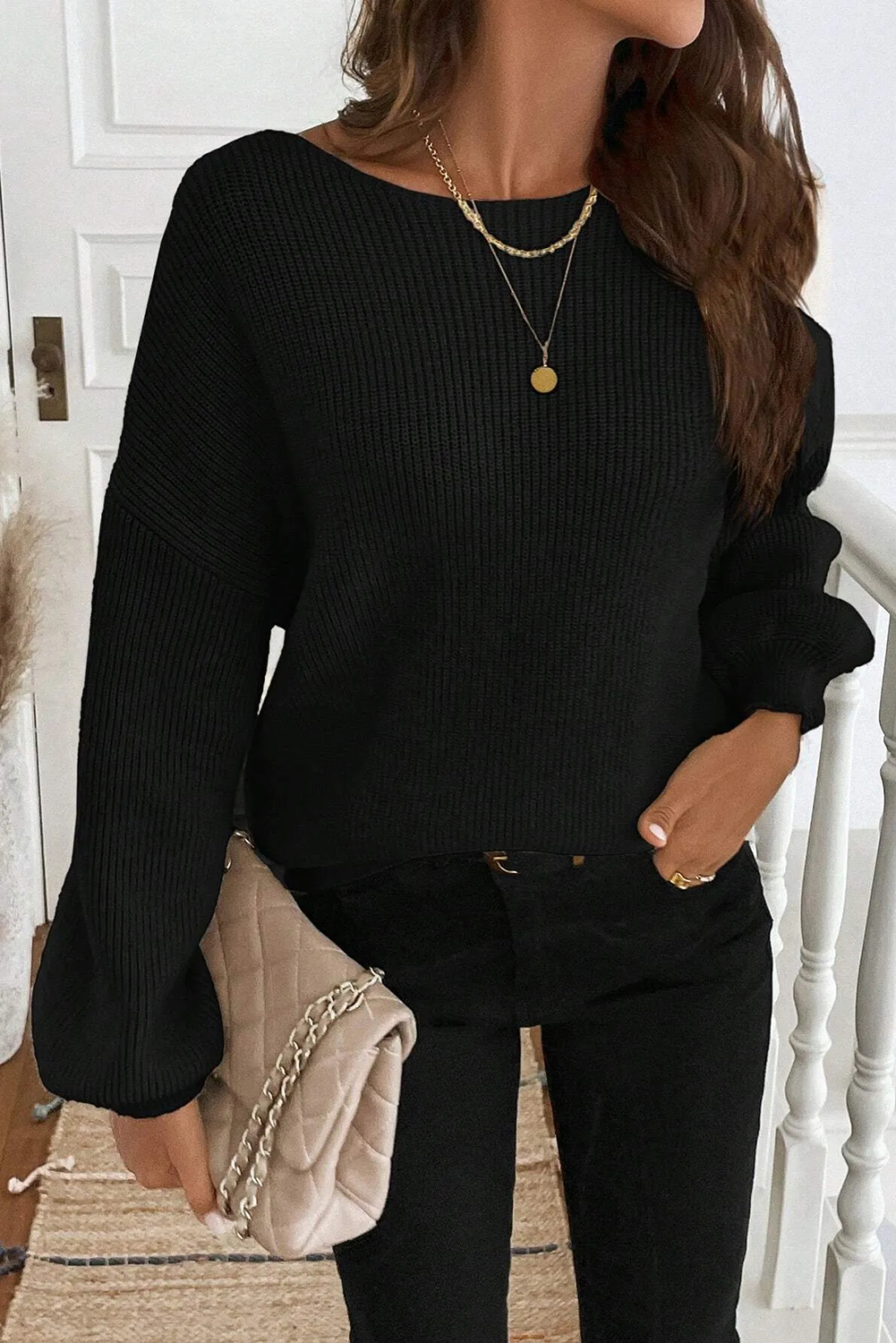 Black Ribbed Knit Ribbon Knot Backless Drop Shoulder Sweater