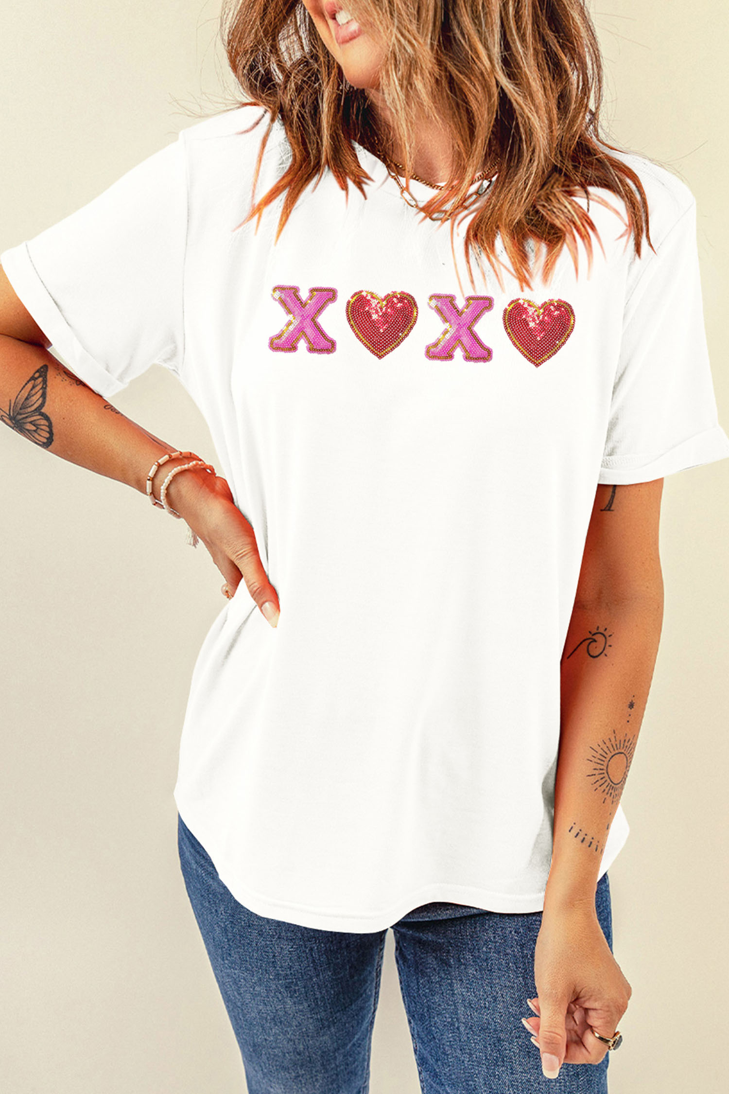 White XOXO Sequin Heart Patched Valentines Day Cuffed T Shirt