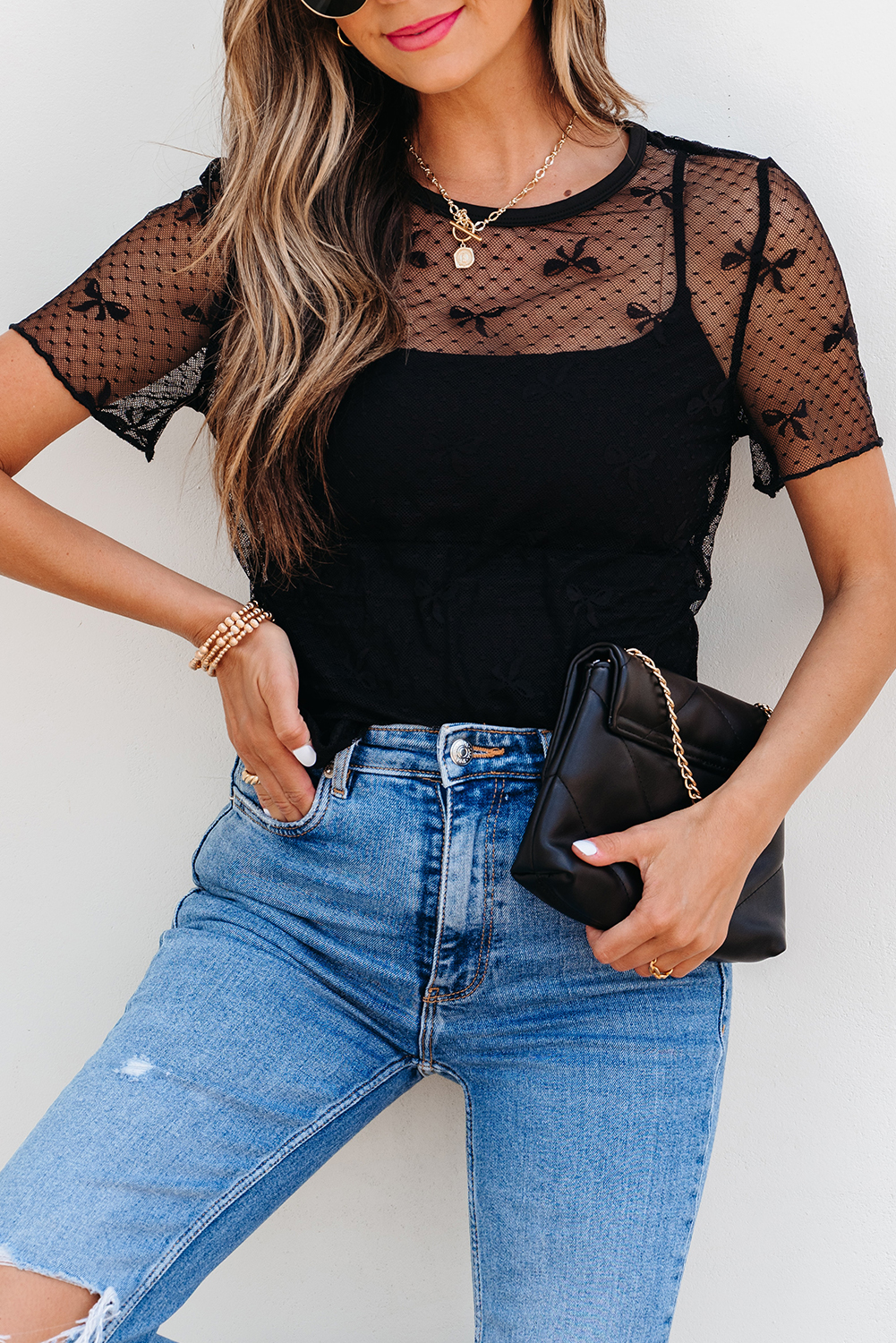 Black Bow Knot Dotted See-through Mesh Patched Slim Fit Blouse