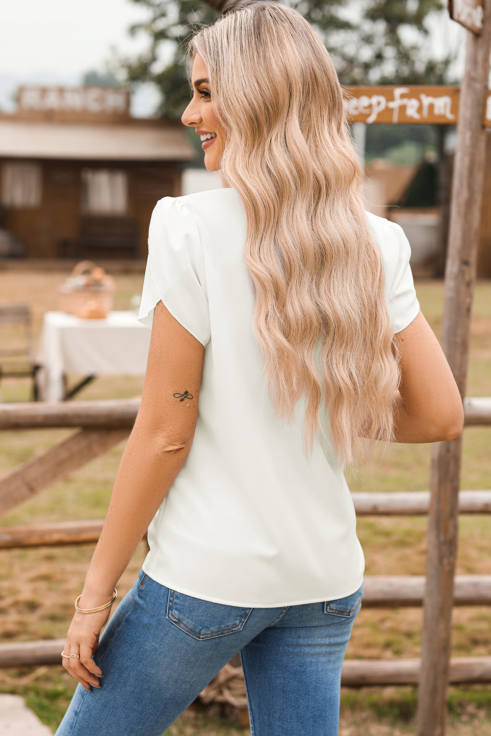 Black Silky Notched Neckline Petal Sleeve Blouse