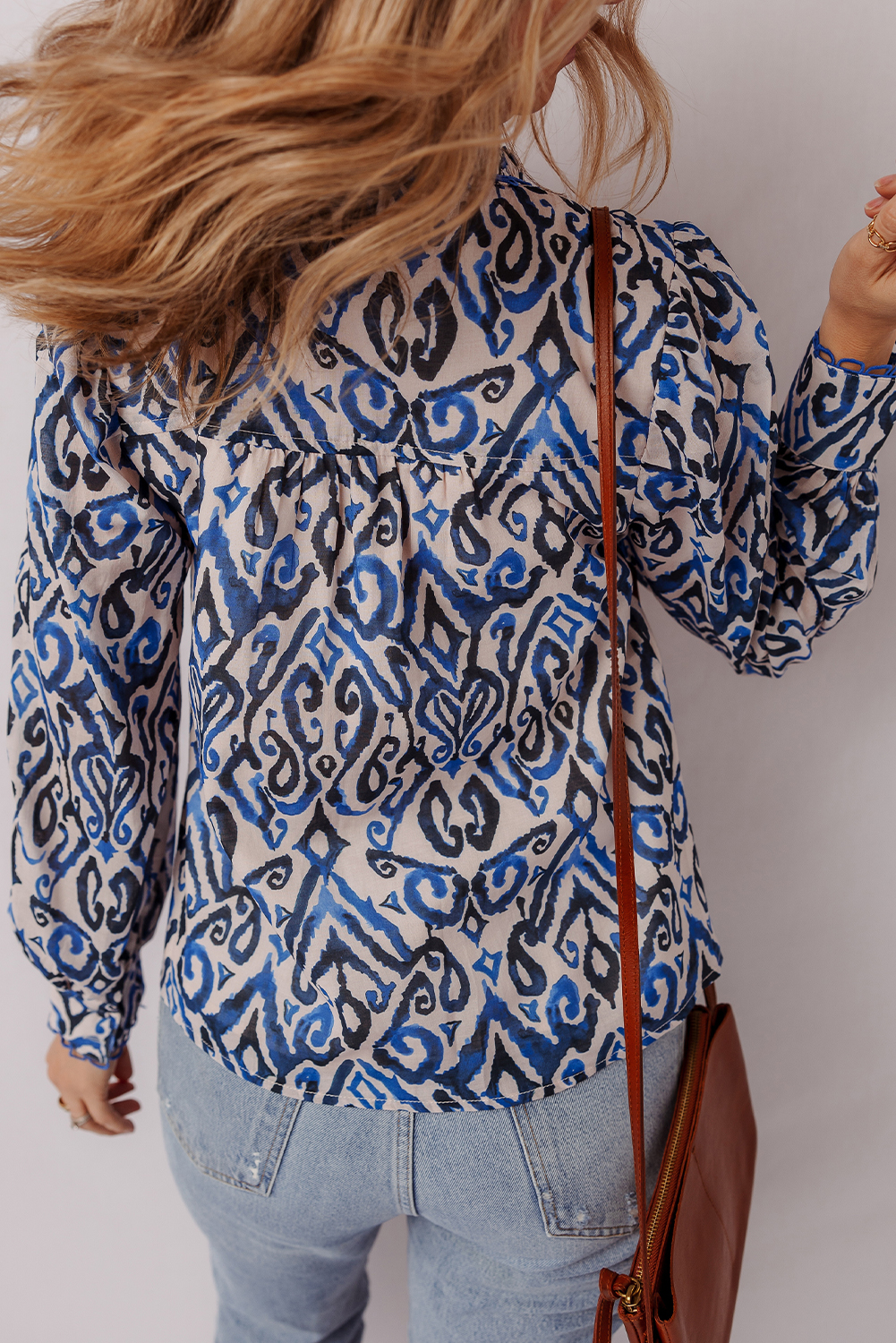 Blue Bohemian Print Embroidered V Neckline Detail Long Sleeve Shirt