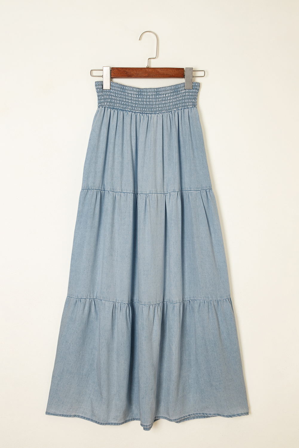 Beau Blue Tiered Smocked High Waist Denim Maxi Skirt