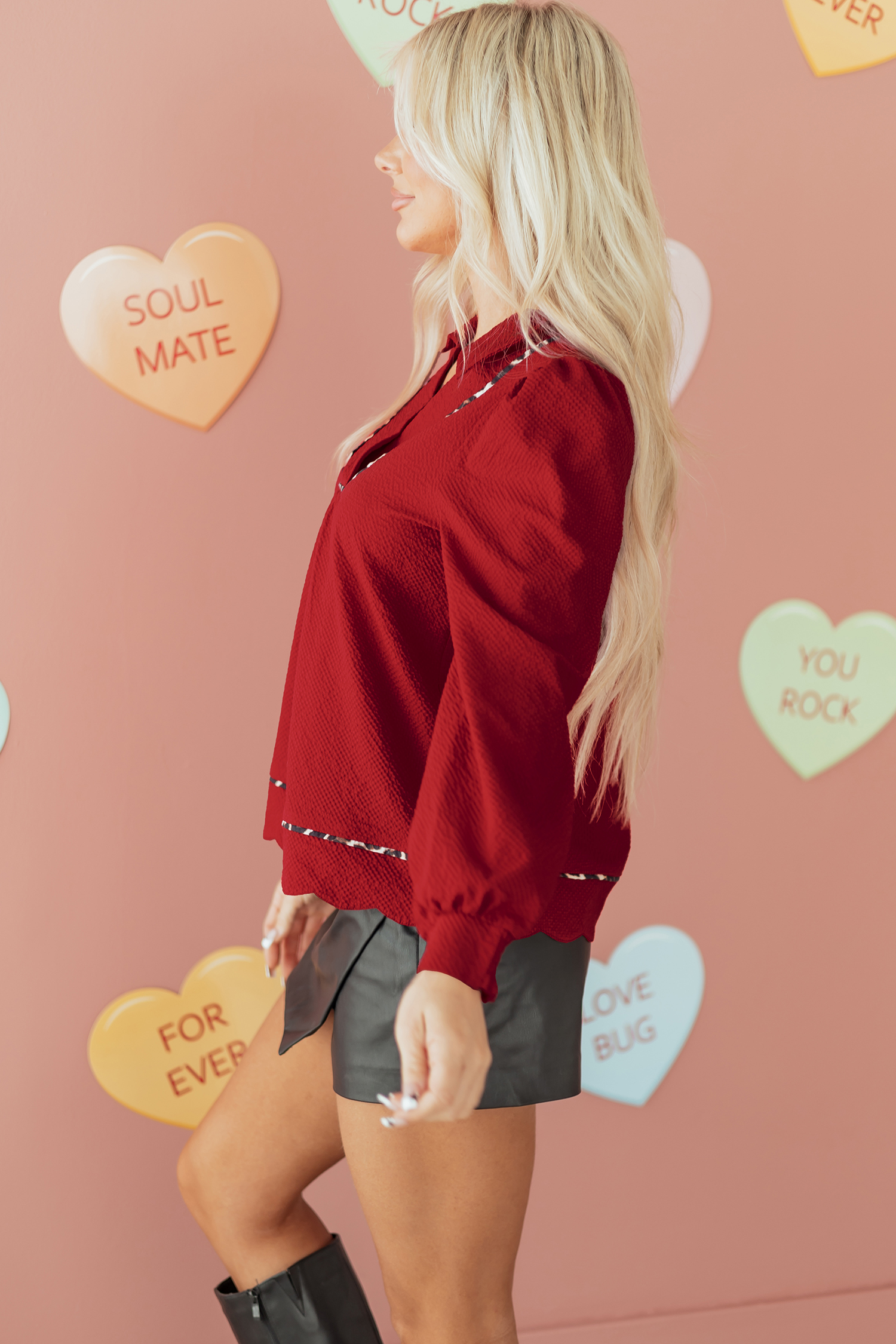 Fiery Red Textured V Neck Leopard Contrasted Trim Long Sleeve Shift Mini Dress