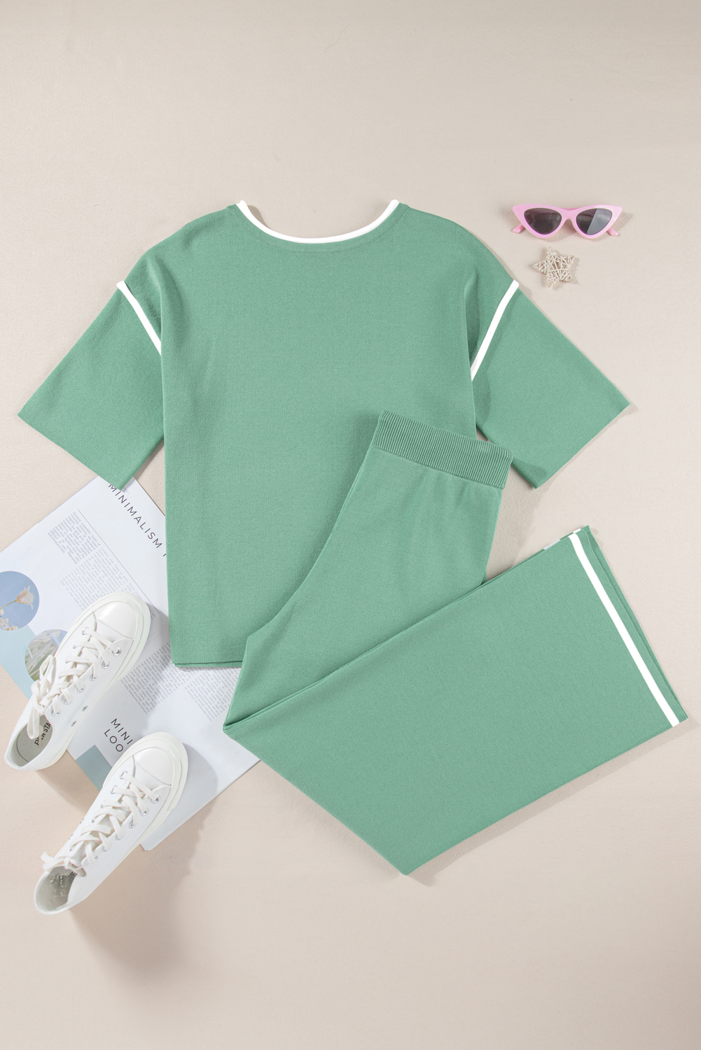 Blackish Green Contrast Trim Half Sleeve Top Drawstring Pants Loose 2pcs Sweater Suit