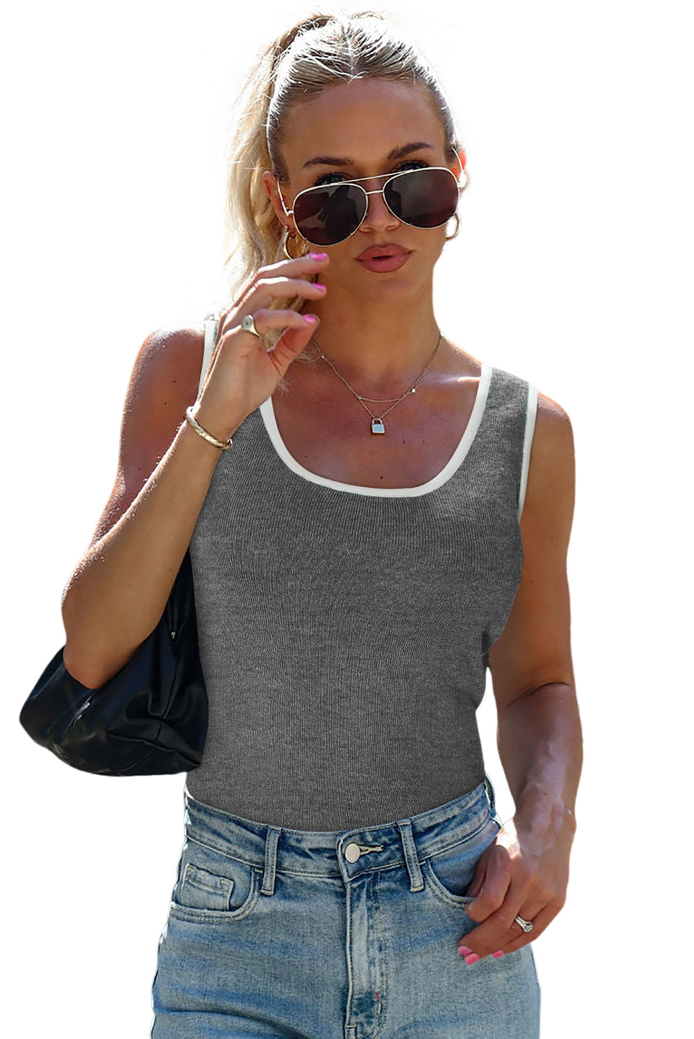 Dark Green Lightweight Ribbed Knit Contrast Trim Sweater Vest