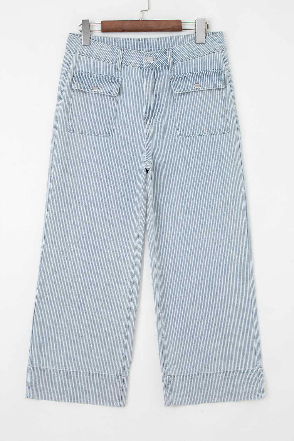 Sky Blue Stripe Button Flap Pocket Cuffed Hem Wide Leg Jeans