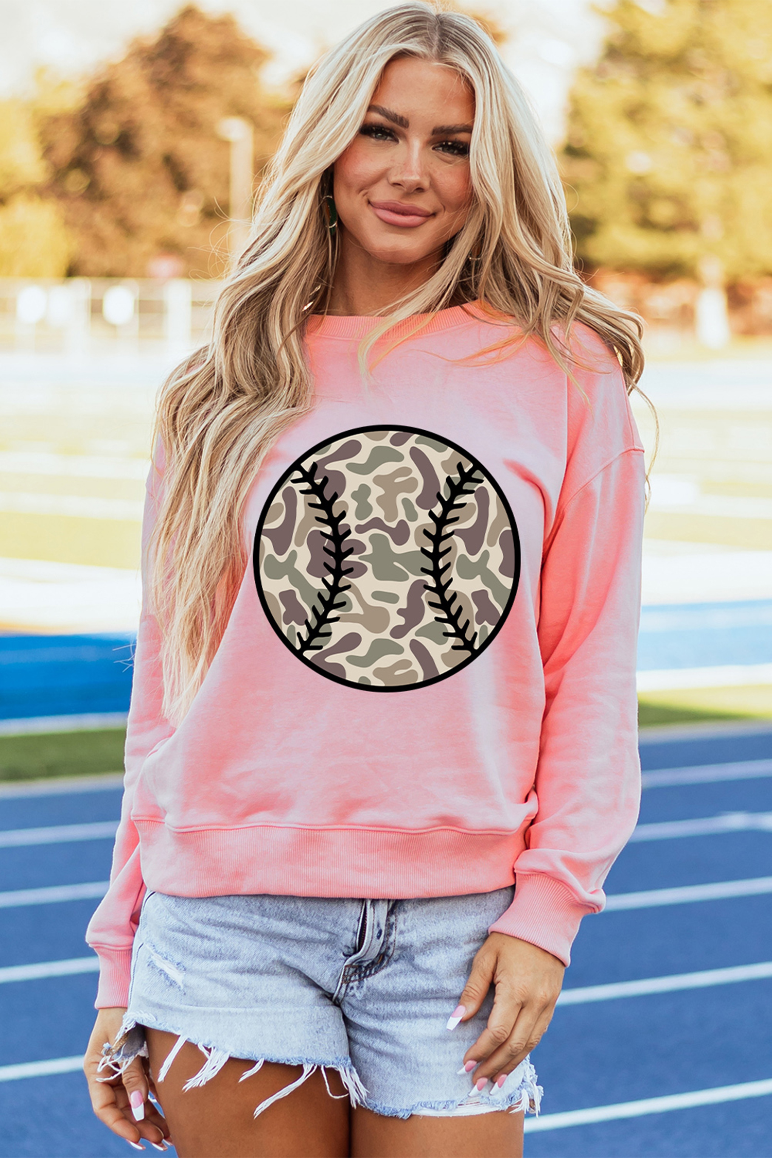 Pink Camouflage Baseball Dropped Shoulder Sweatshirt