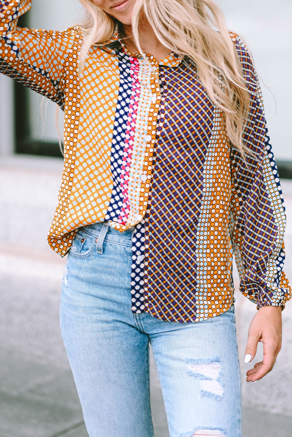 Brown Dot Print Long Sleeve Button Down Shift Shirt