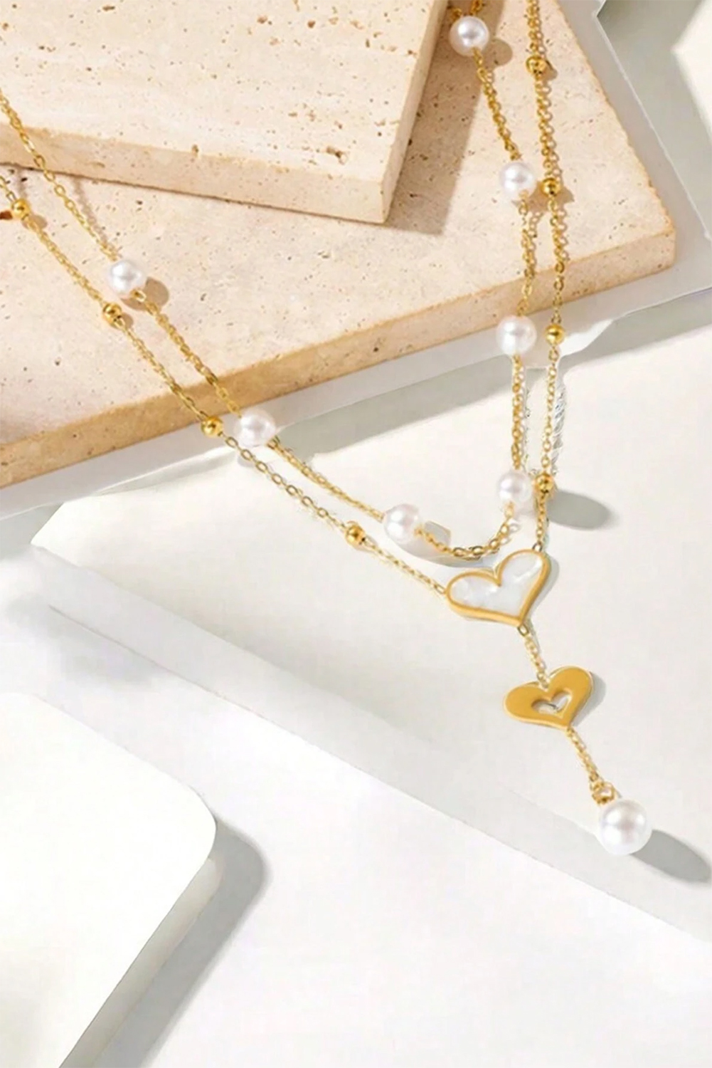 Gold Heart Pearl Double Layer Adjustable Chain Necklace