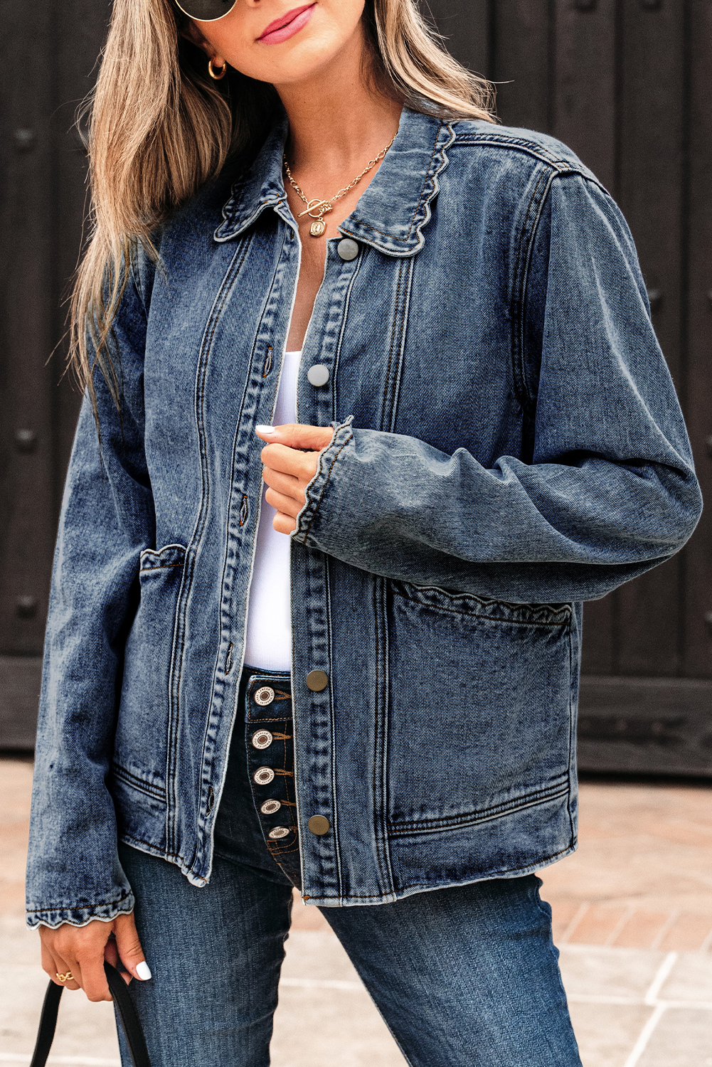 Myosotis Scallop Trim Collar Patched Pocket Button Up Mineral Washed Denim Jacket