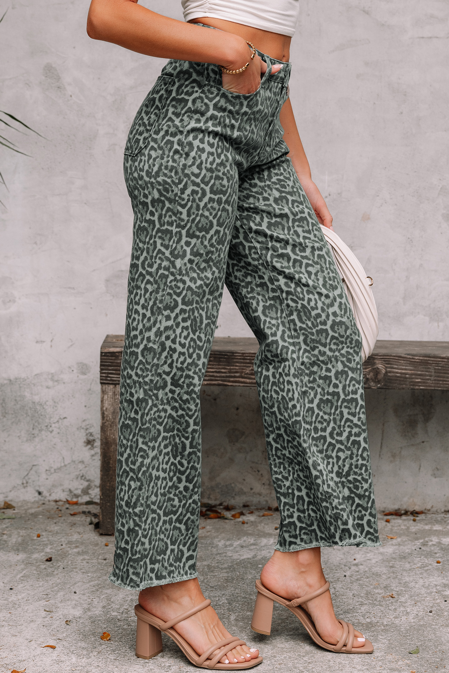 Rose Leopard Frayed Edge Wide Leg High Waist Jeans