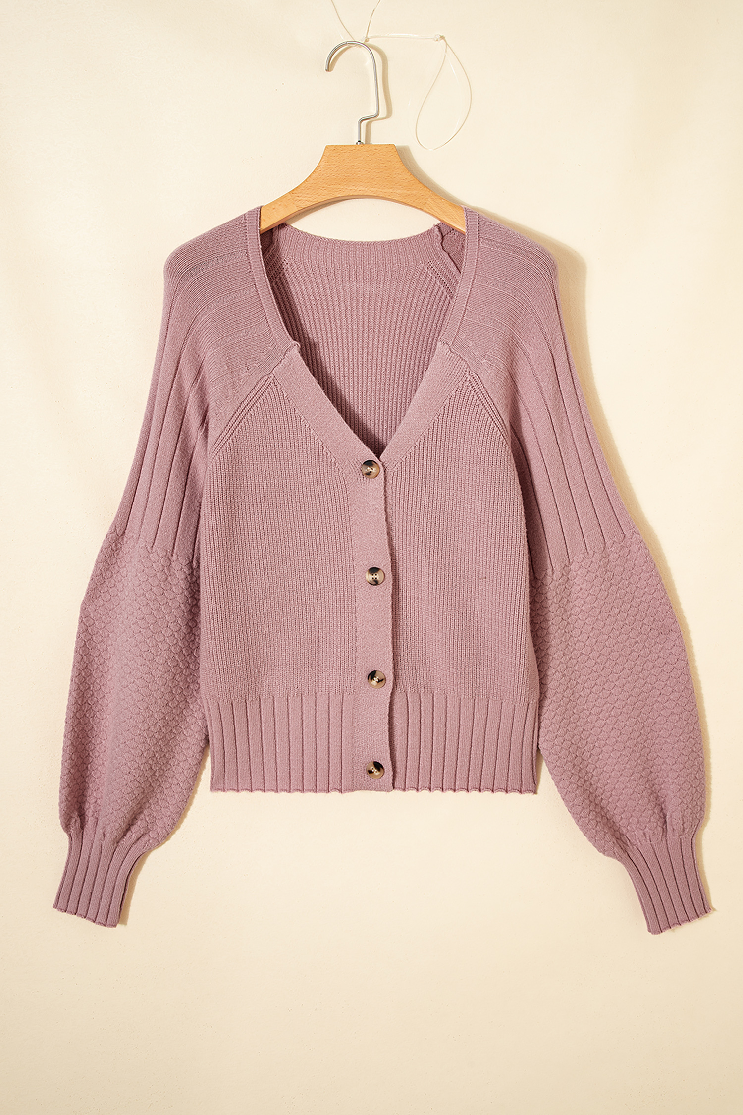 Light Pink Mixed Texture Knit Button V Neck Sweater Cardigan