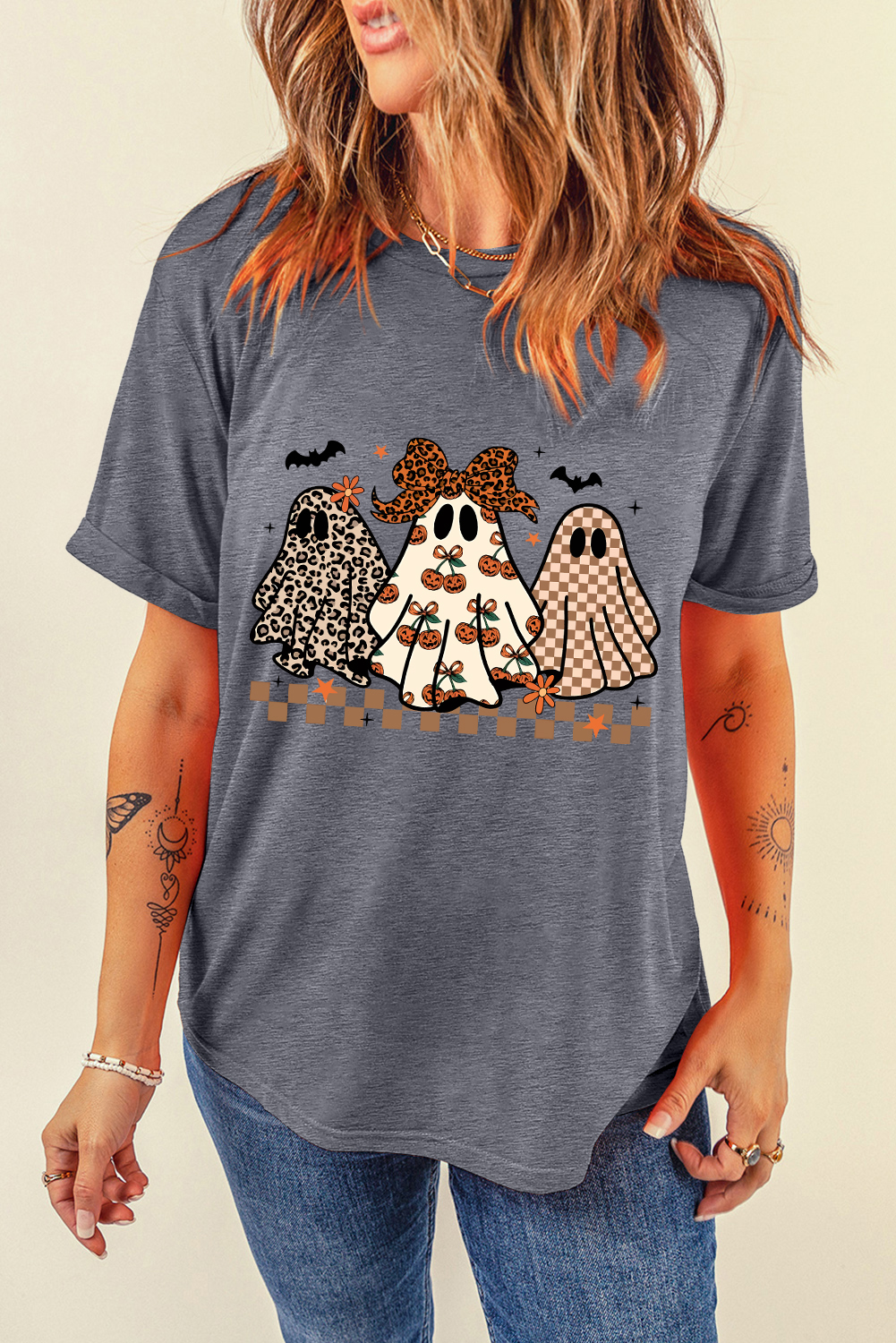 Gray Cute Halloween Ghost Printed Womens Casual Tee