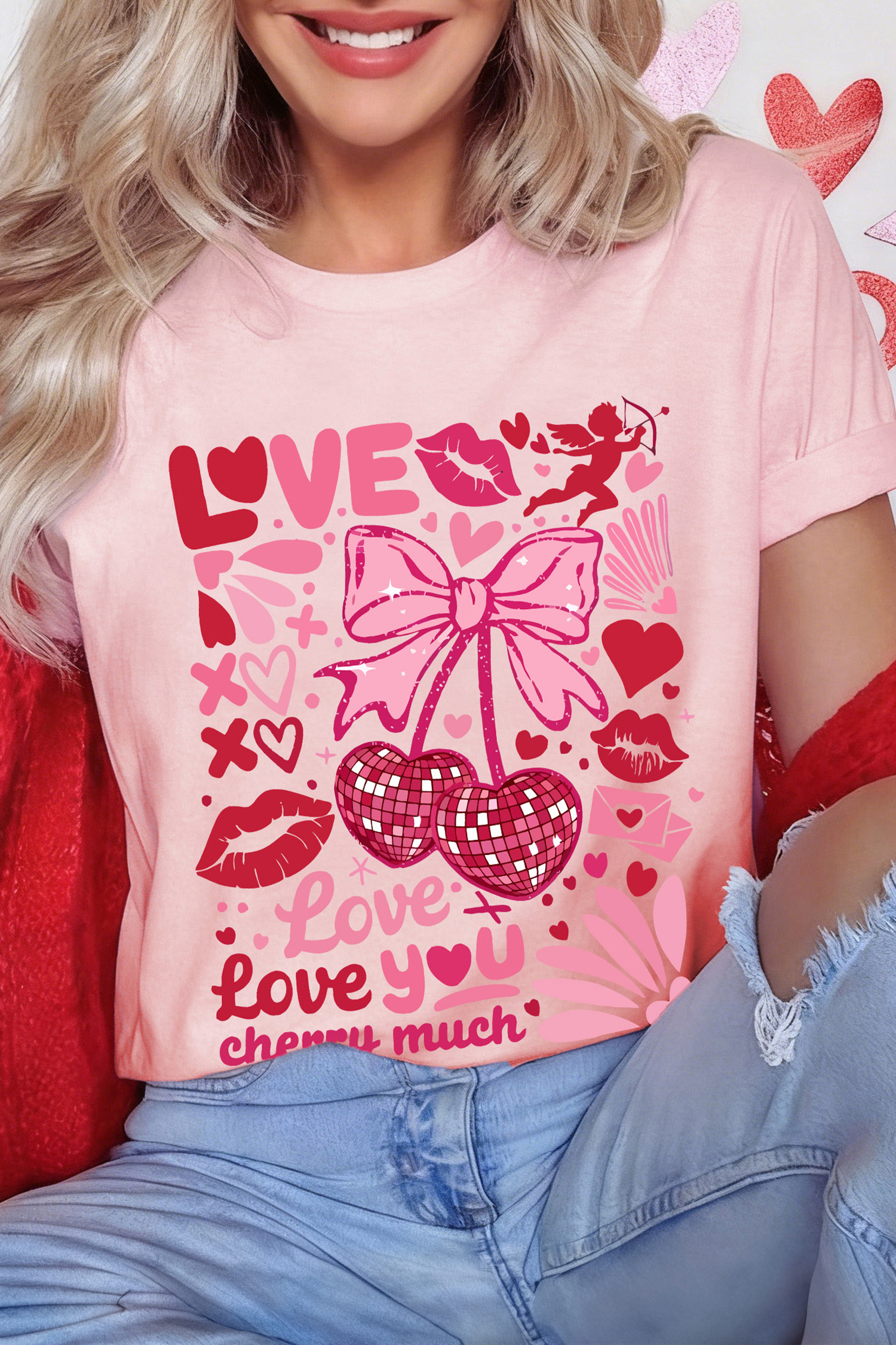 Pink Love You Cherry Much Valentines Day Graphic Tee