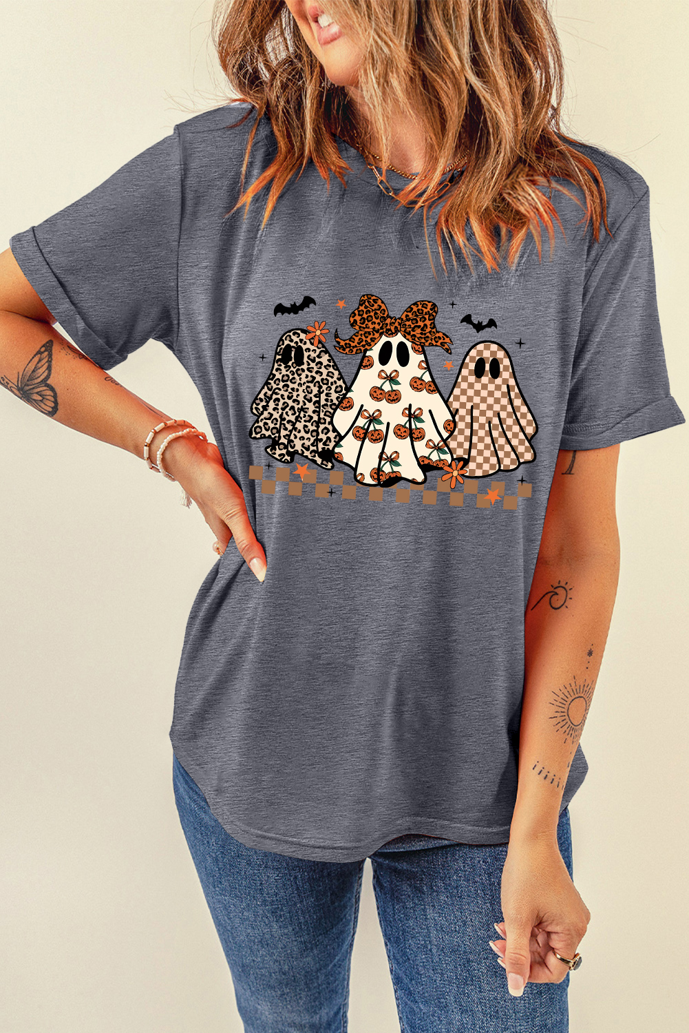 Gray Cute Halloween Ghost Printed Womens Casual Tee