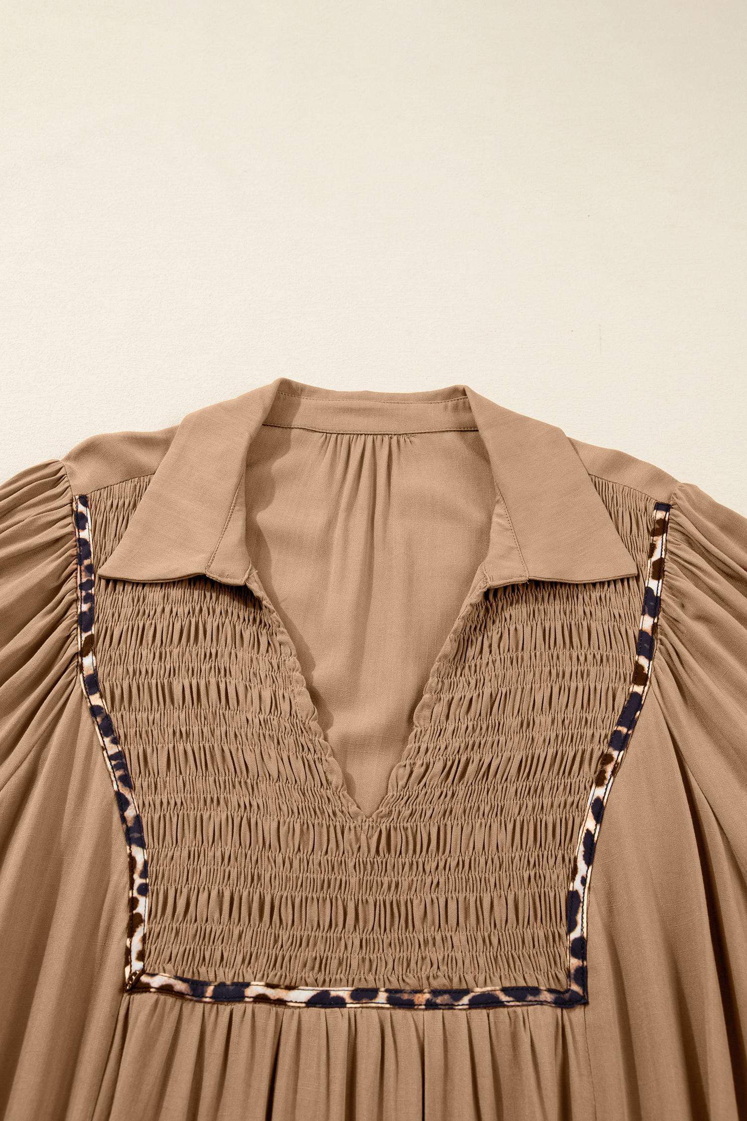 Four Leaf Clover Collared V Neck Smocked Detail Contrast Leopard Trim Bracelet Sleeve Long Dress